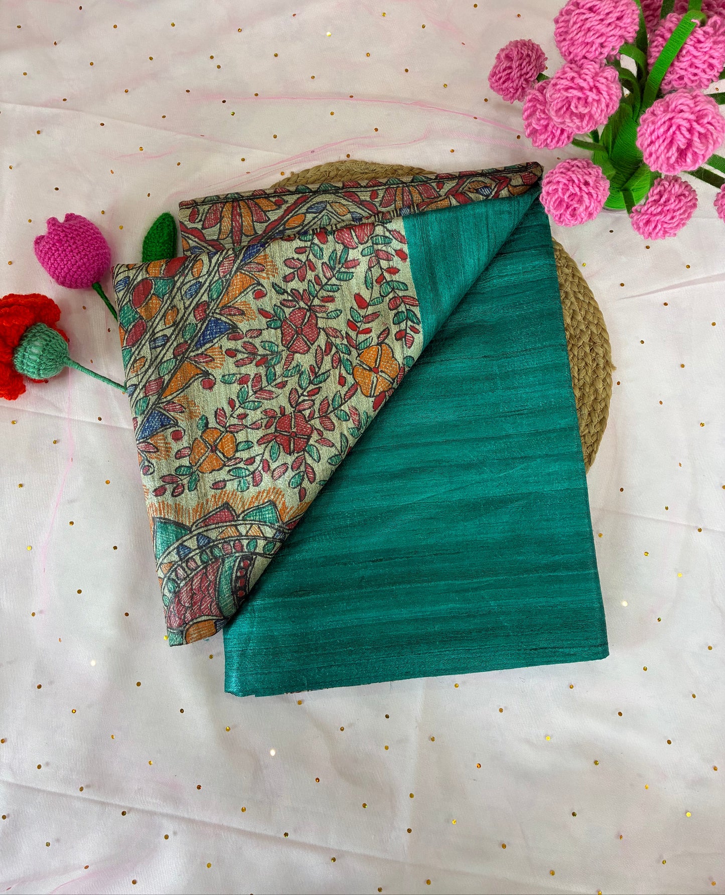 Green Bhagalpuri Ghicha Silk With Madhubani Handpainted Saree