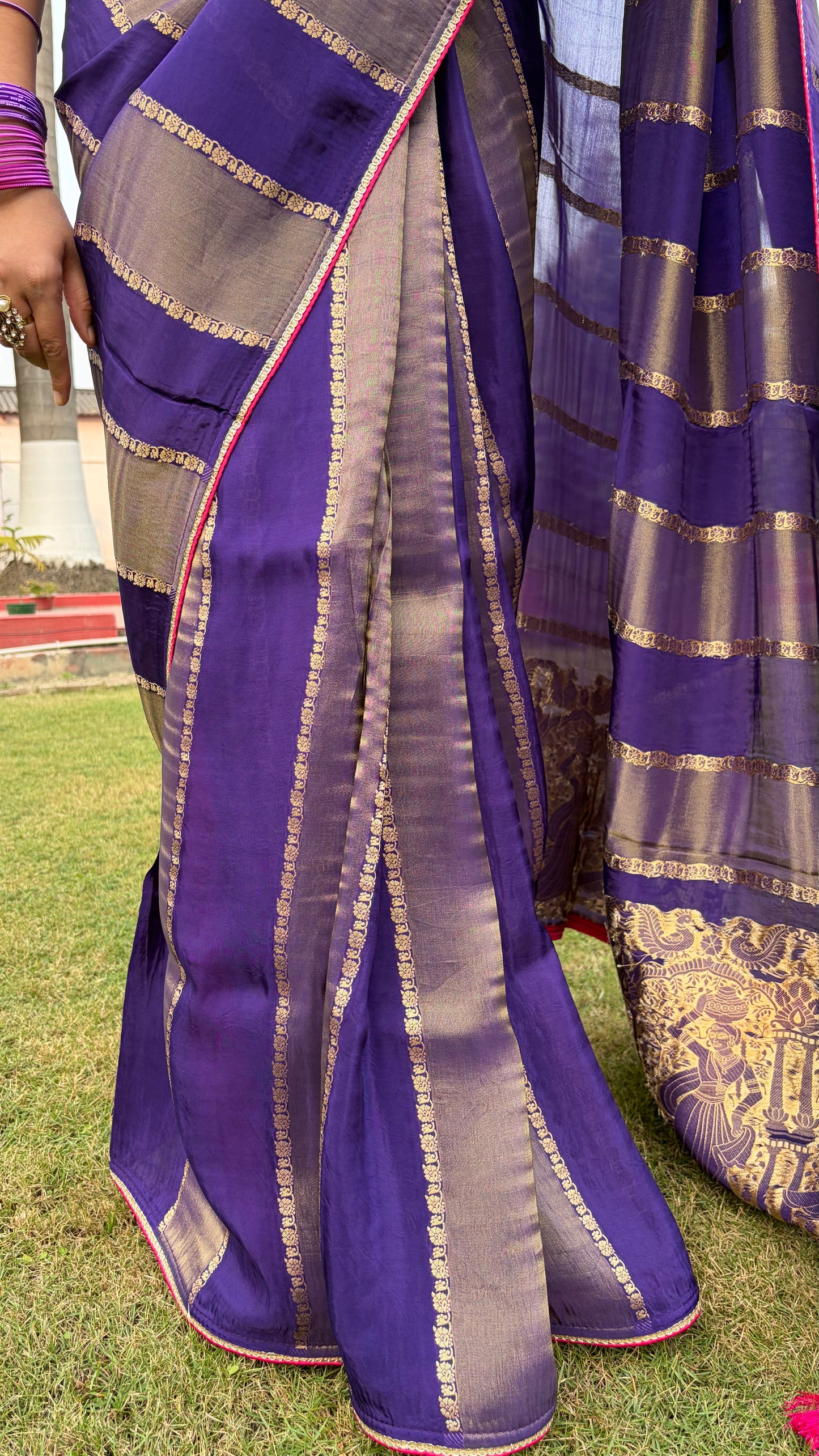 Purple Striped Dola Silk Saree