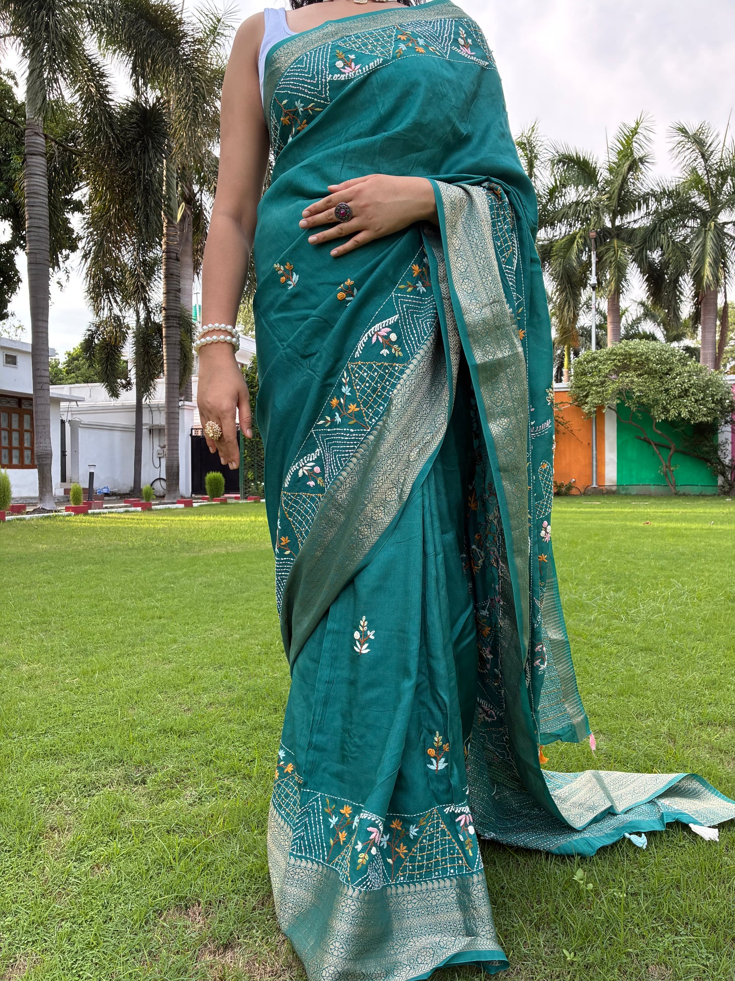 Teal Kantha Work -Habutai Silk Saree