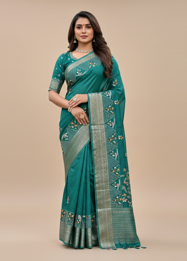Teal Kantha Work -Habutai Silk Saree