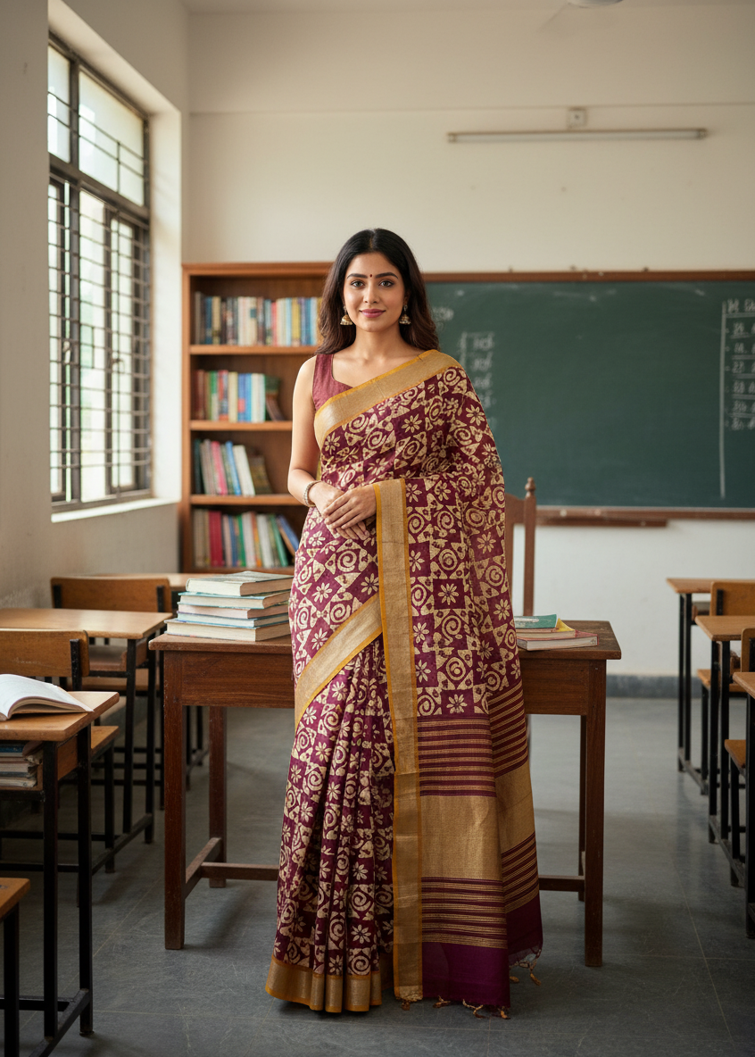 Wine Square Design Linen Cotton Saree