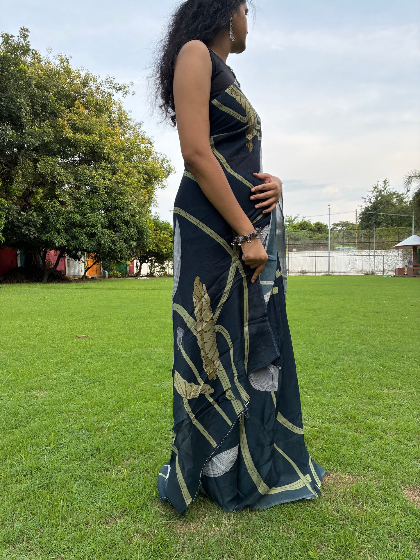 Black Digital Print Chinon Saree