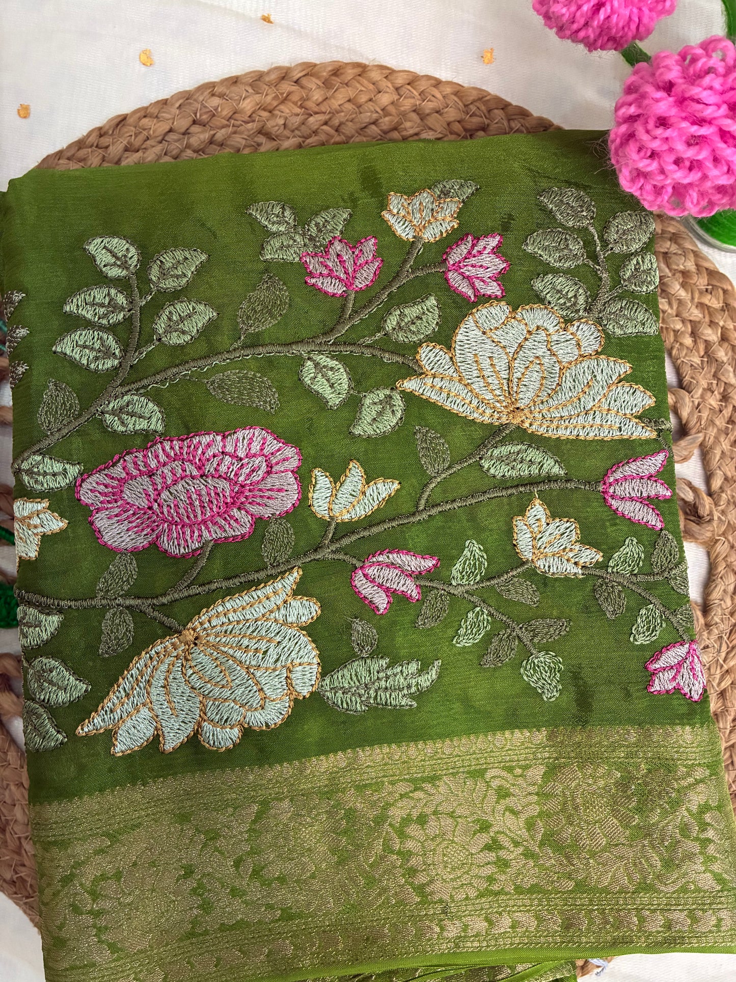 Green Floral Design Chinon Saree