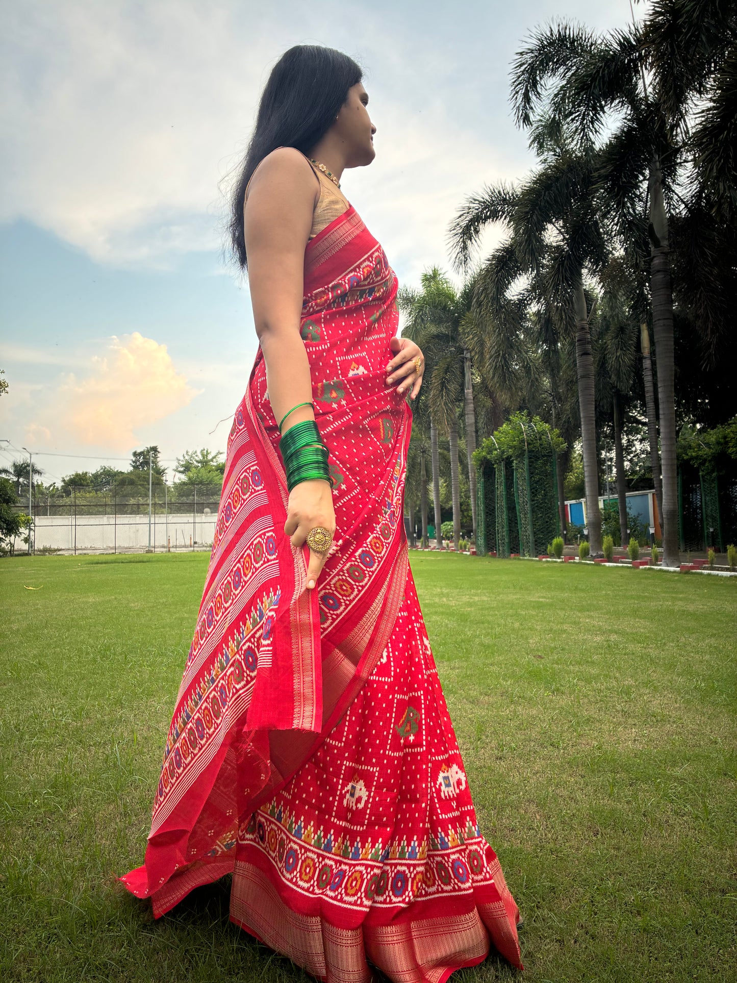 Red Pochampally Design Festive Saree