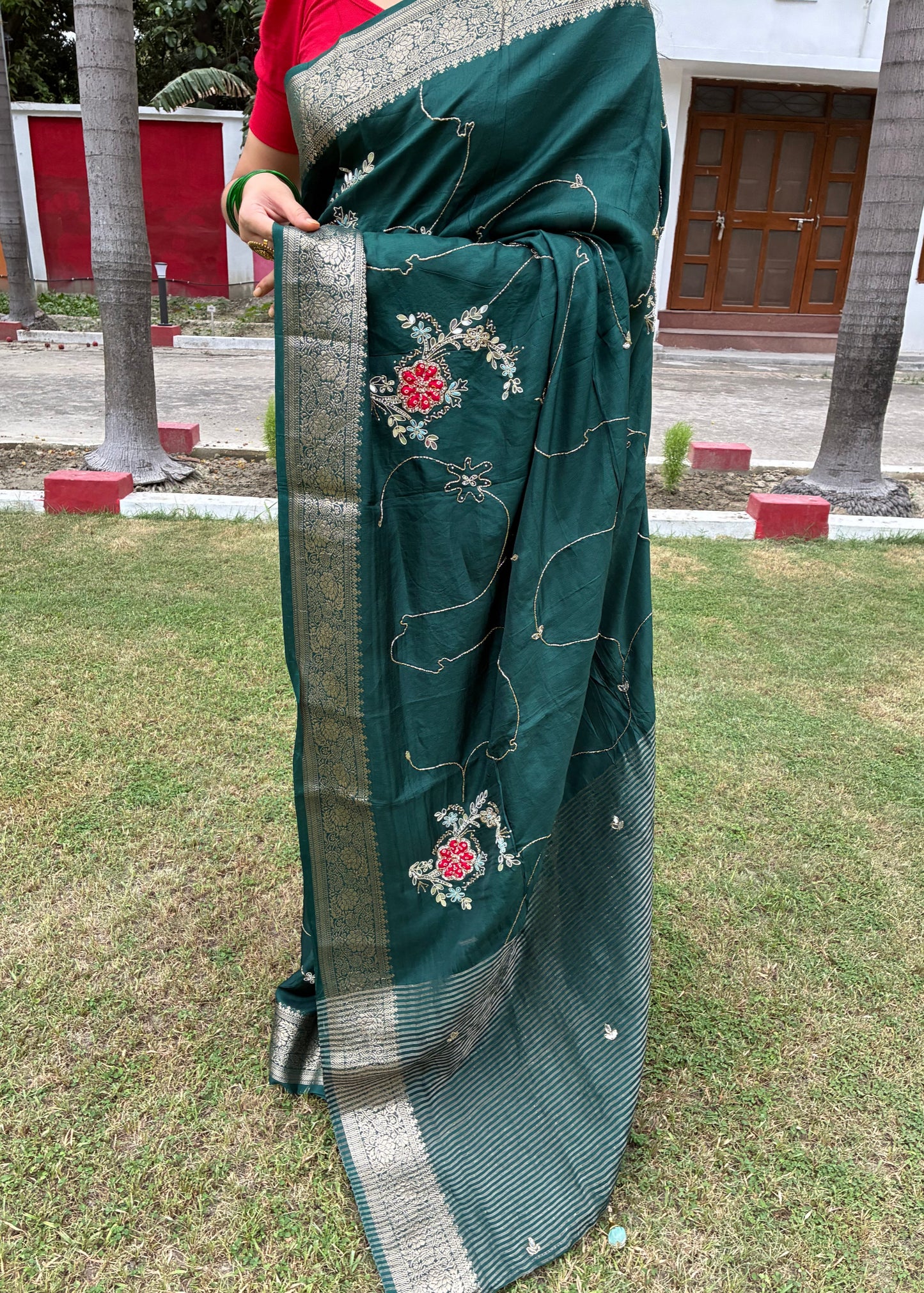 Green Festive Chit Pallu Saree