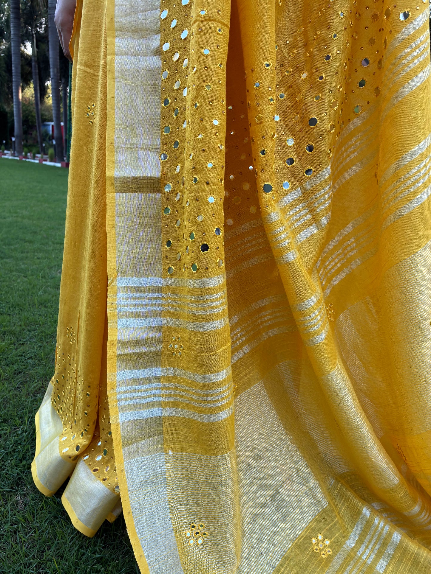 Yellow Work Pure Linen Saree
