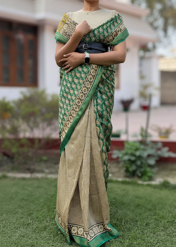 Green Maheshwari Striped Bagru print Saree