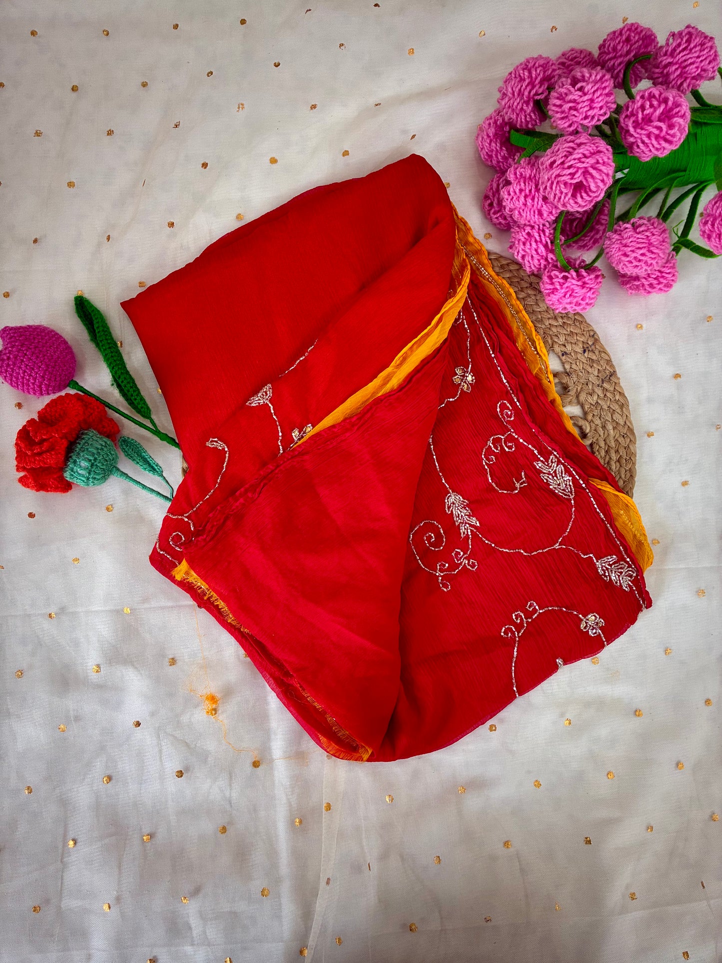 Red Kutdana Festive Semi Chiffon Saree
