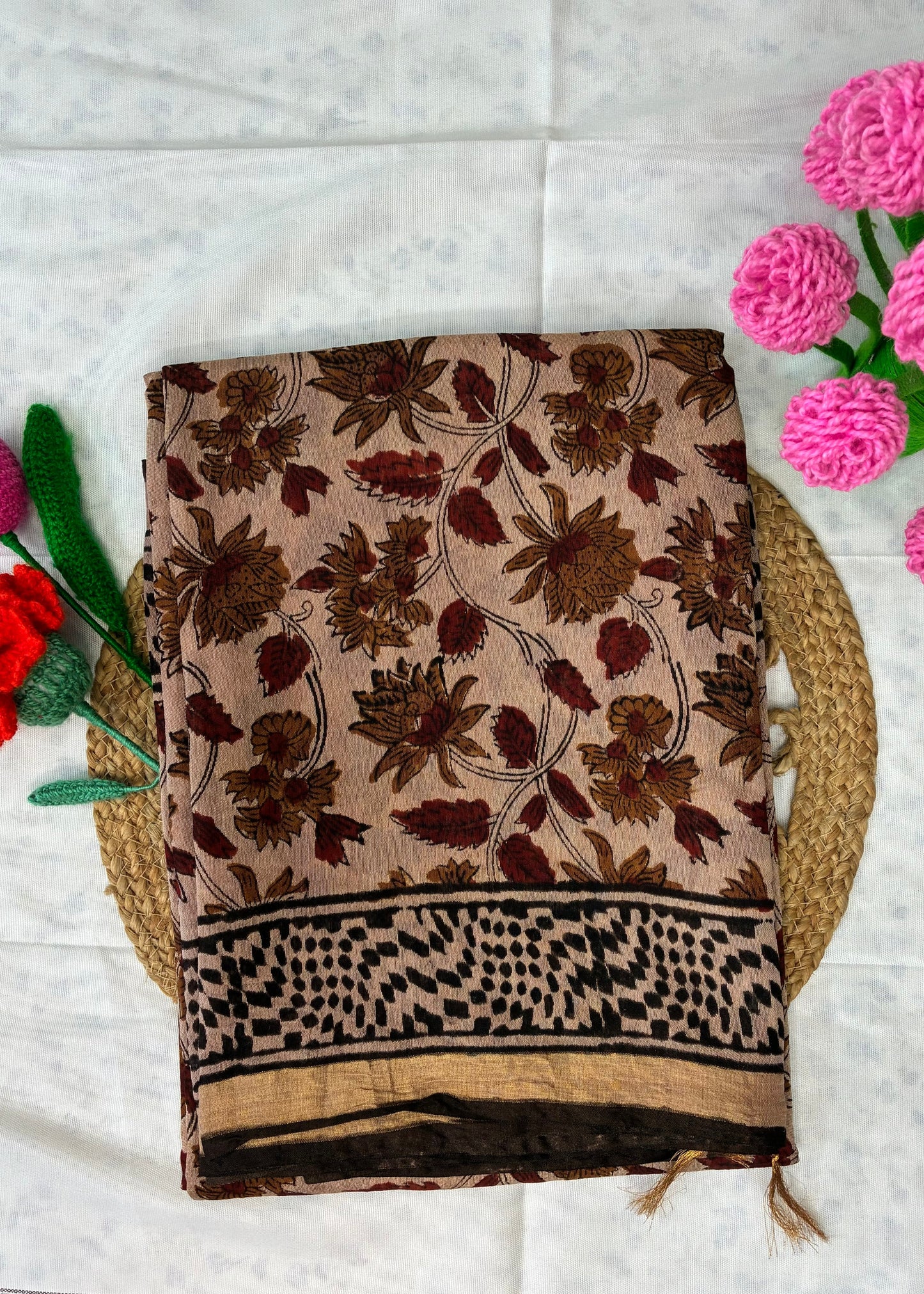 Khadika- Brown Floral Chanderi Printed