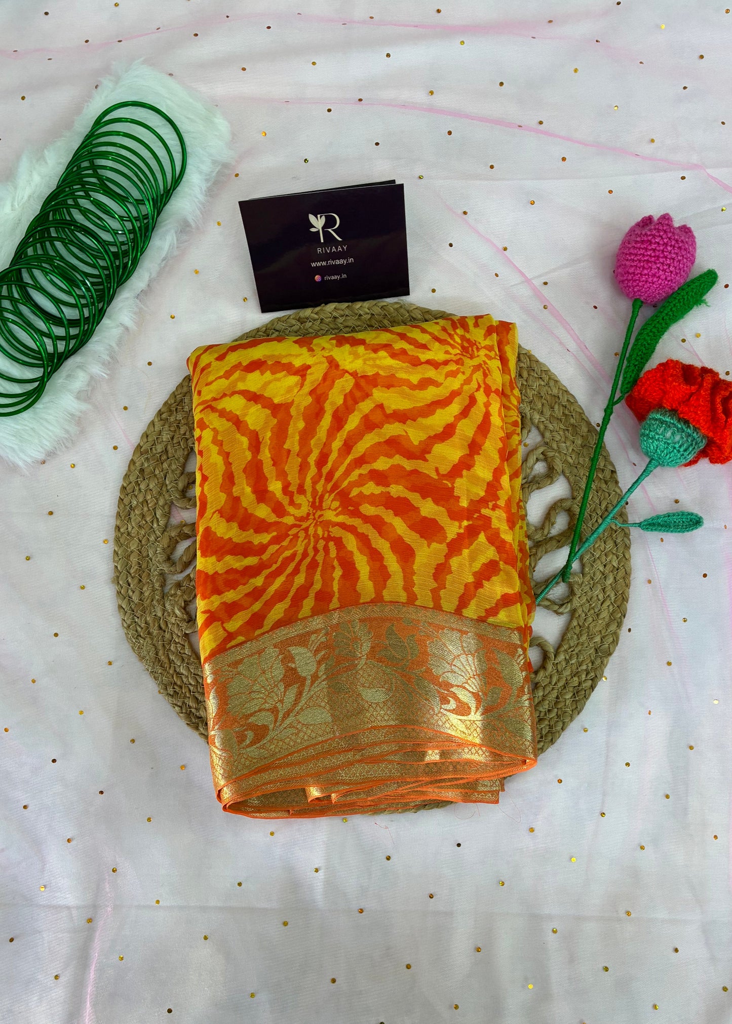 Yellow Orange with Border Pure Chiffon Saree