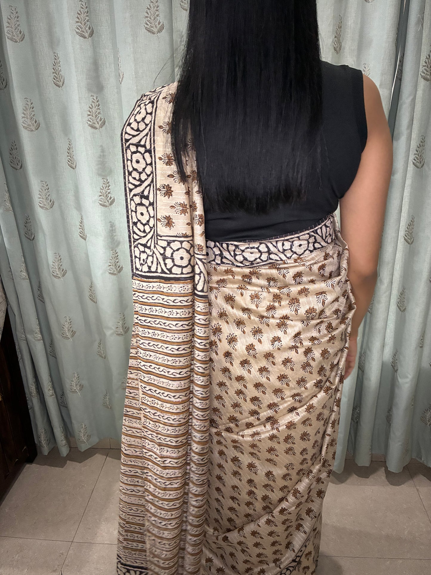 Beige Butta Hand Printed Chanderi Saree