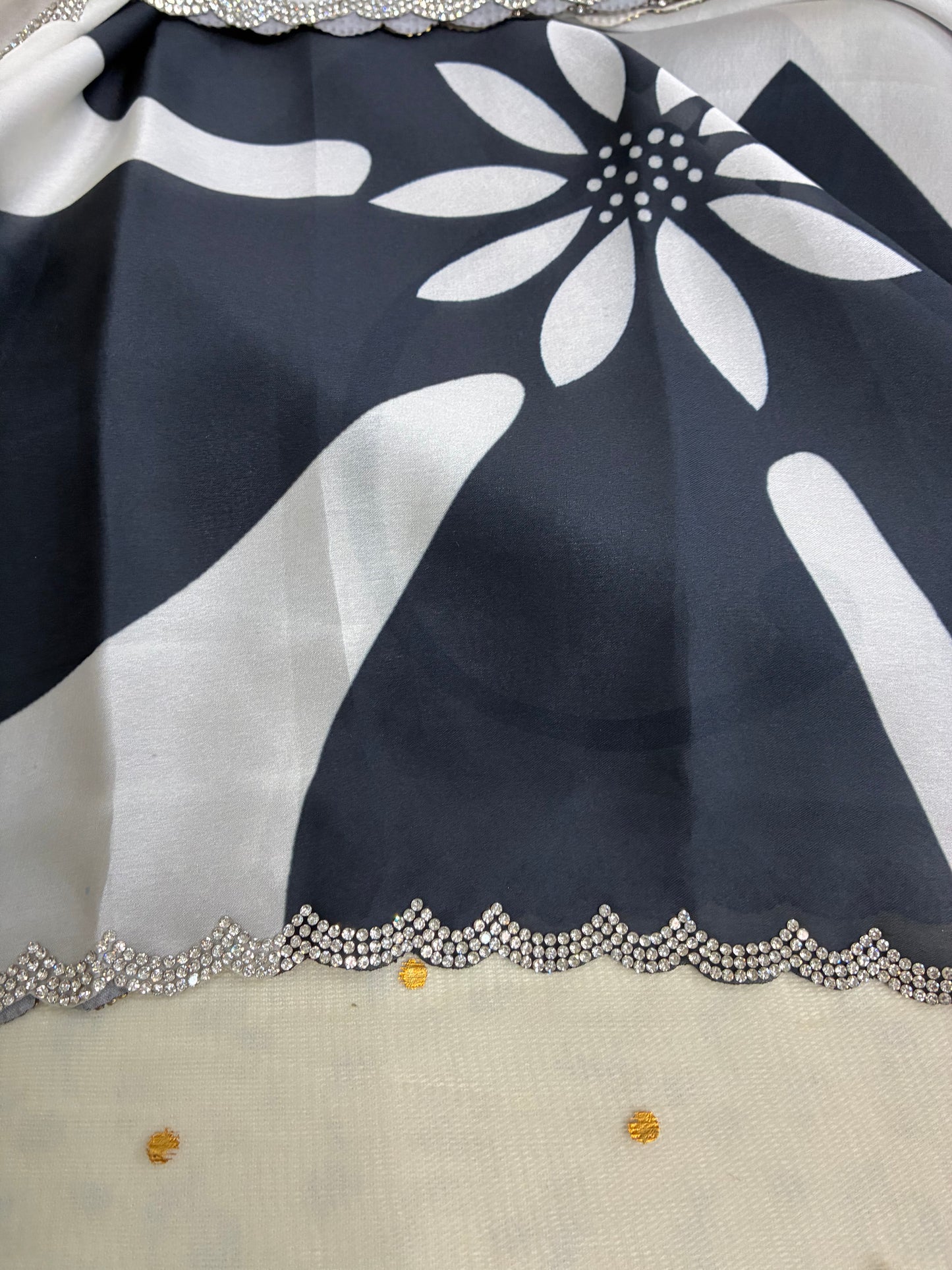 White Purple Floral Pastel Crepe Satin Saree