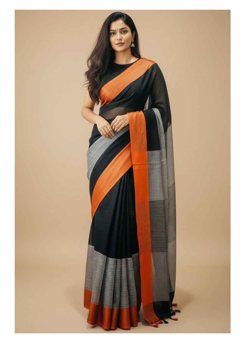 Black Orange Colorblock Pure Linen Saree