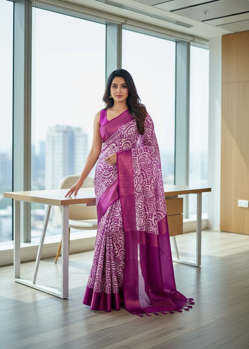 Purple White Printed Semi Chiffon Saree
