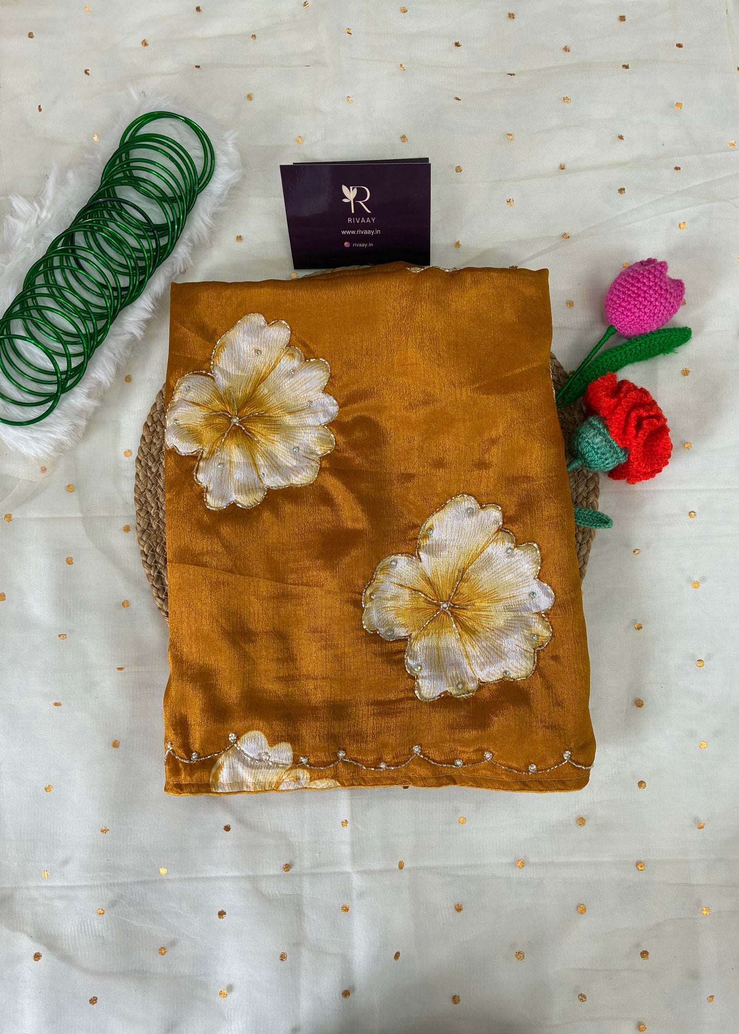Mustard Floral Chinon Saree