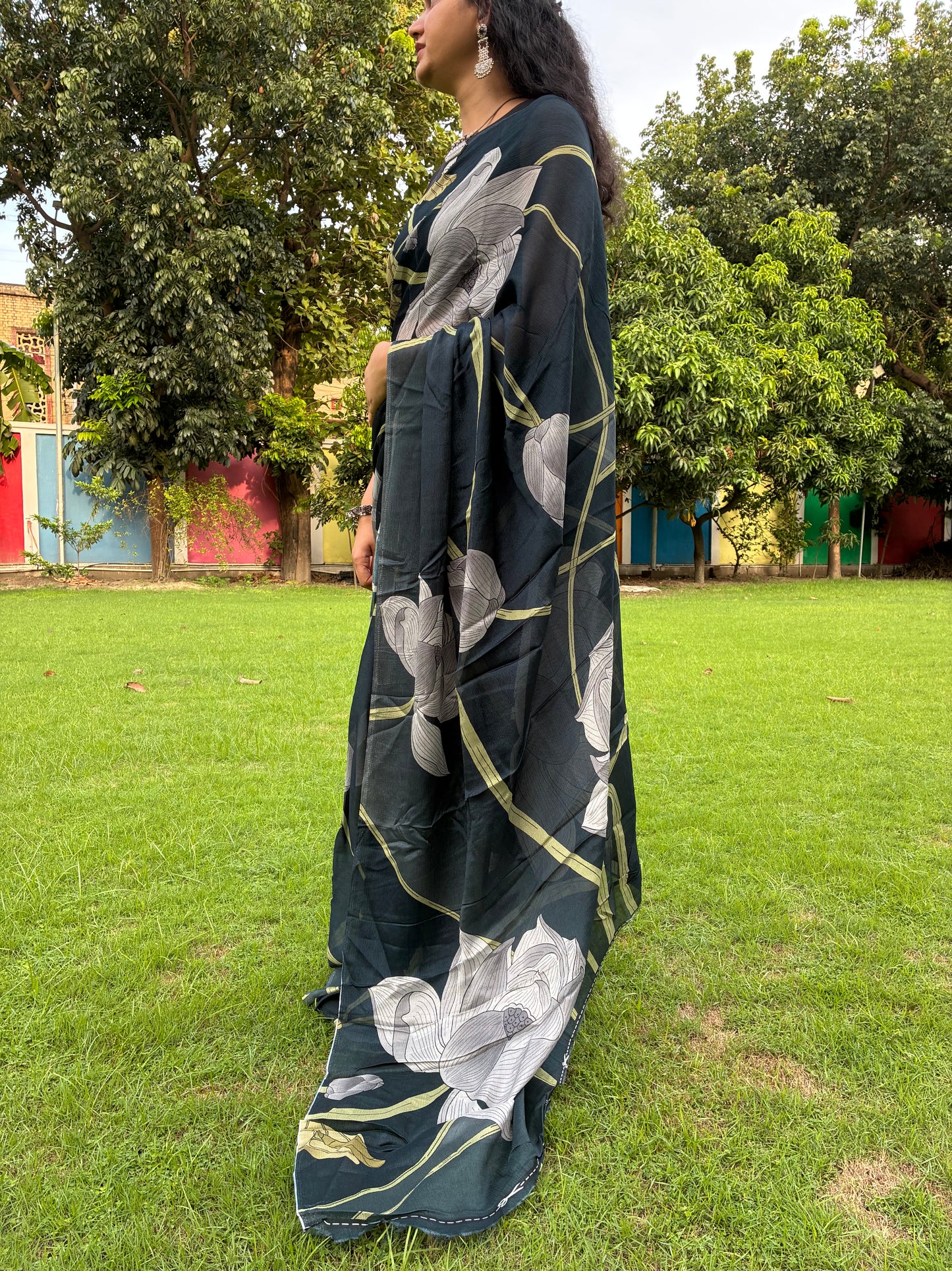 Black Digital Print Chinon Saree