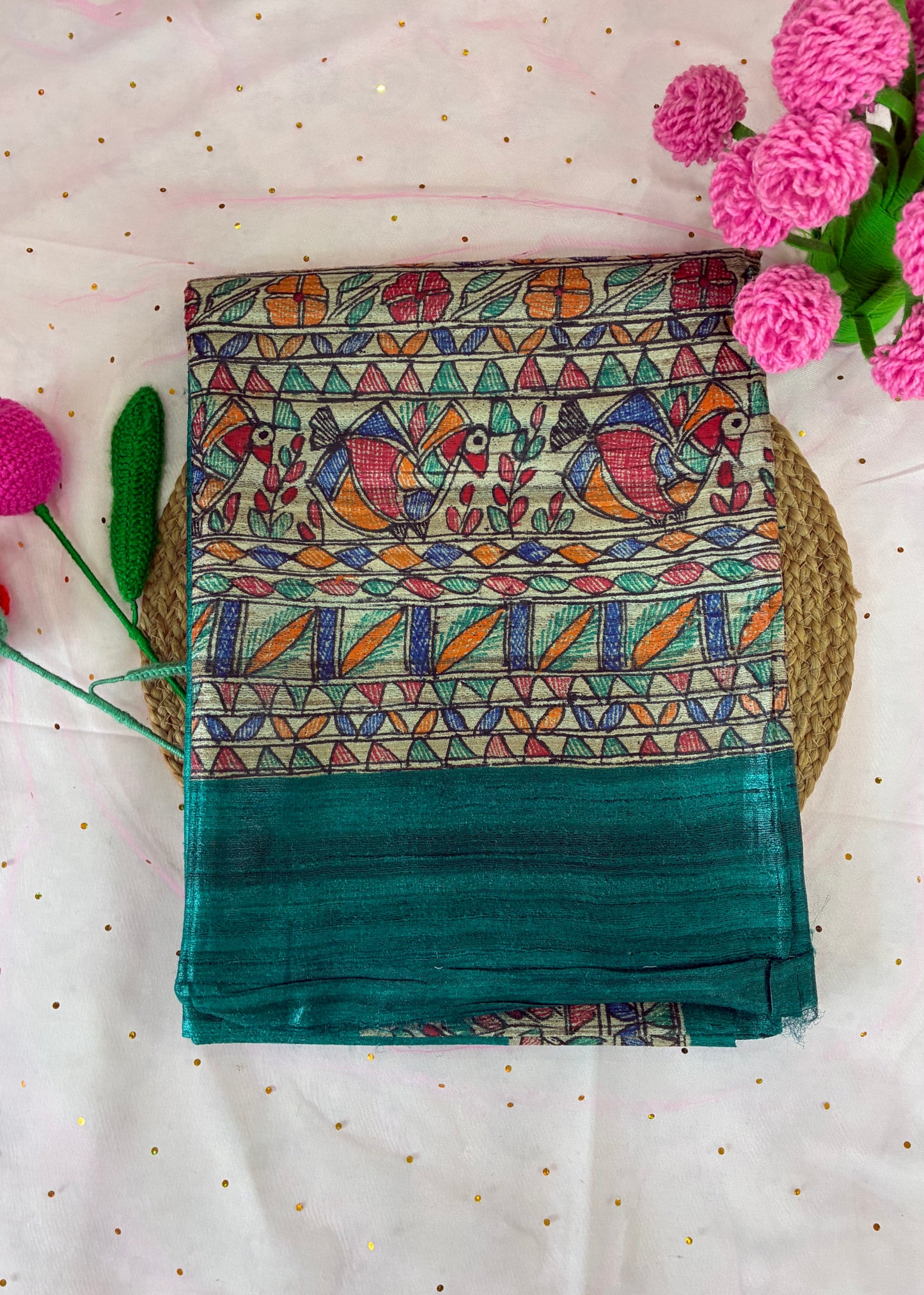 Green Bhagalpuri Ghicha Silk With Madhubani Handpainted Saree