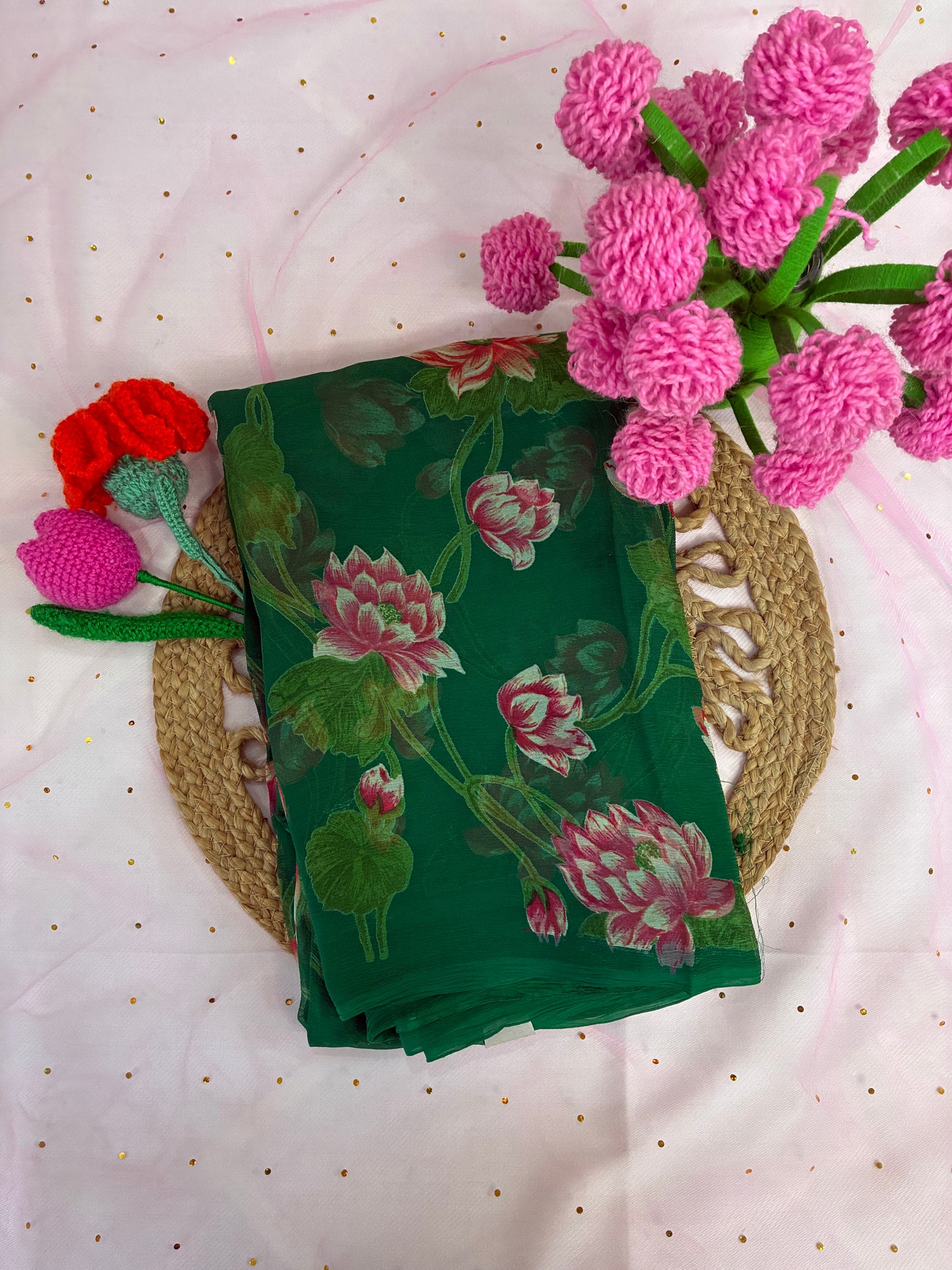 Dark Green Floral Semi Chiffon Saree