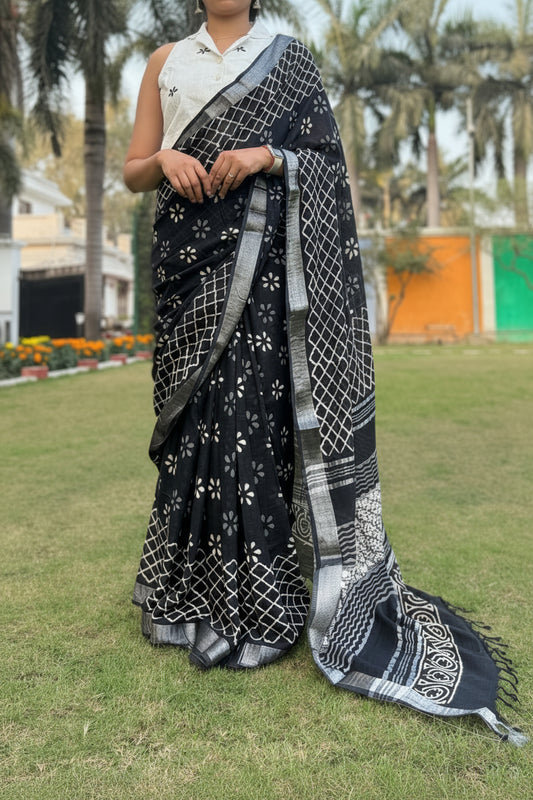 Black Floral Linen Cotton Saree