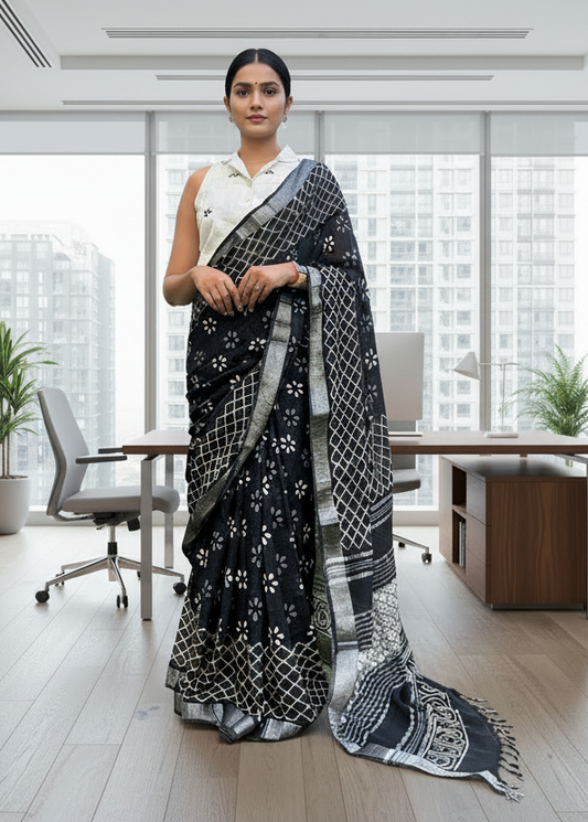 Woman in a saree standing in an office setting with large windows and modern decor.