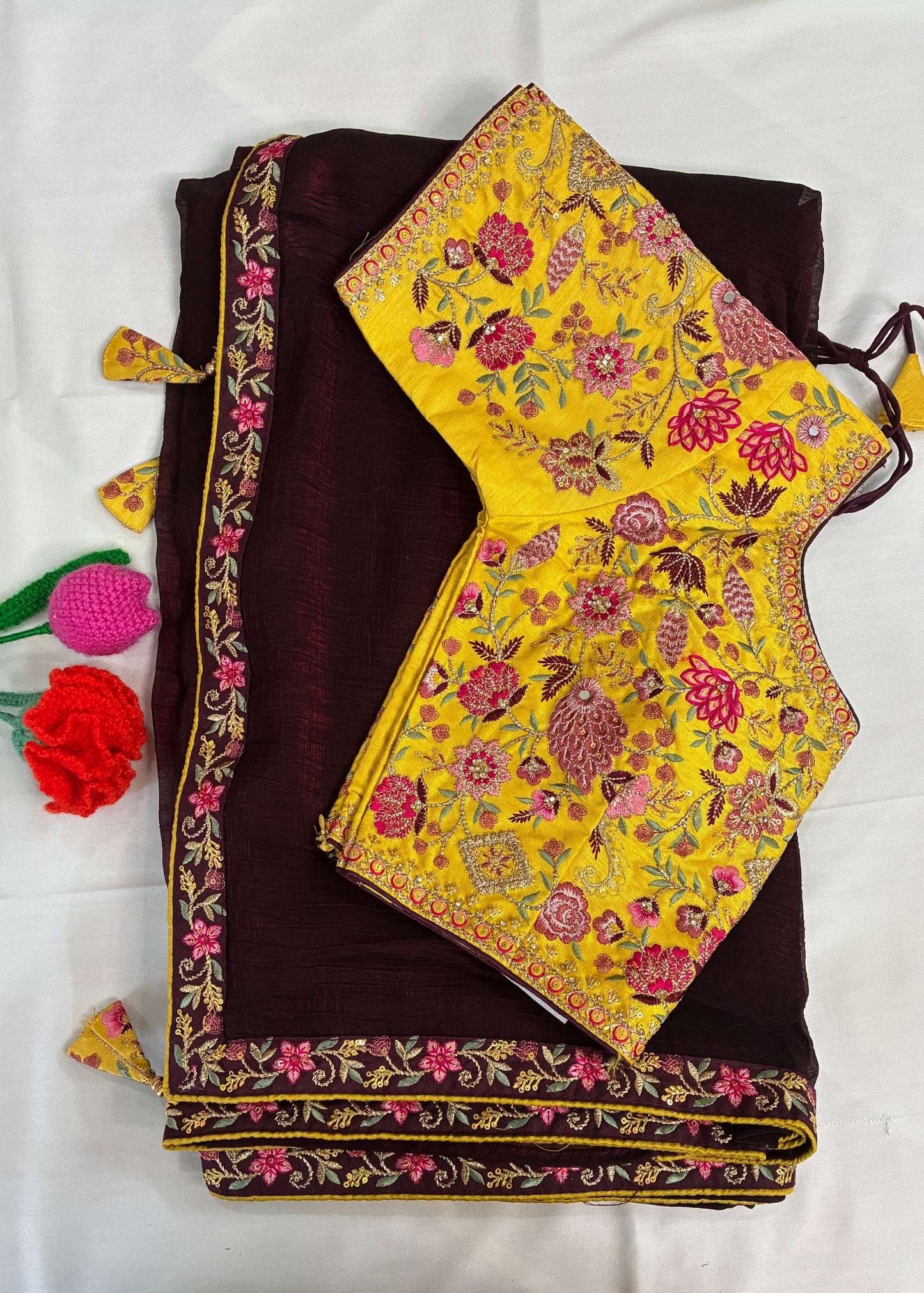 Brown Crushed Saree and Embroidered Blouse Combo