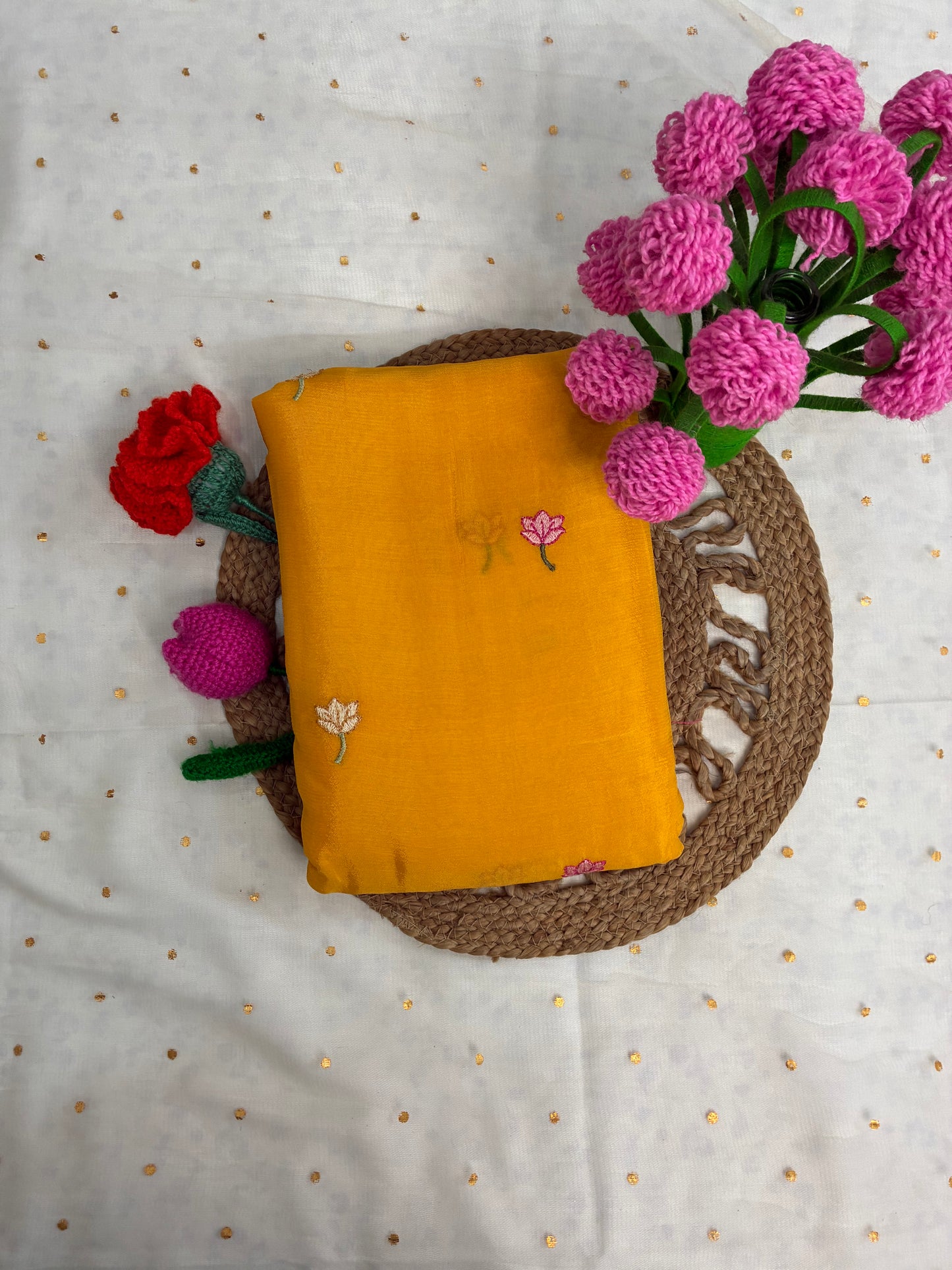 Yellow Floral Design Chinon Saree