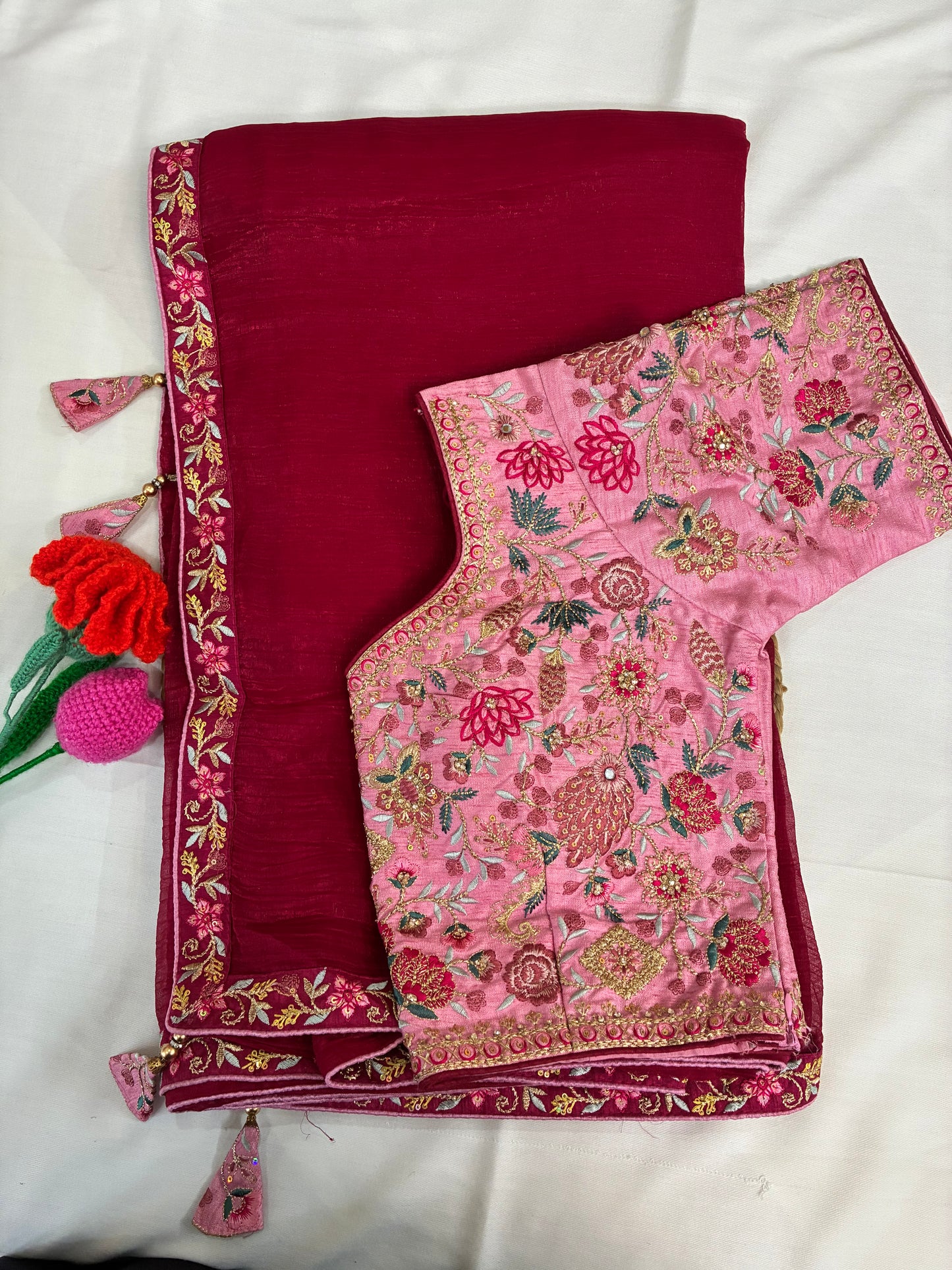 Maroon Crushed Saree and Embroidered Blouse Combo