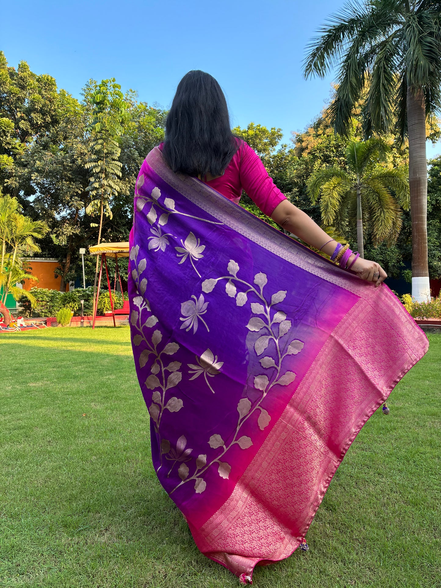 Purple Pink Floral Festive Dola Silk Saree