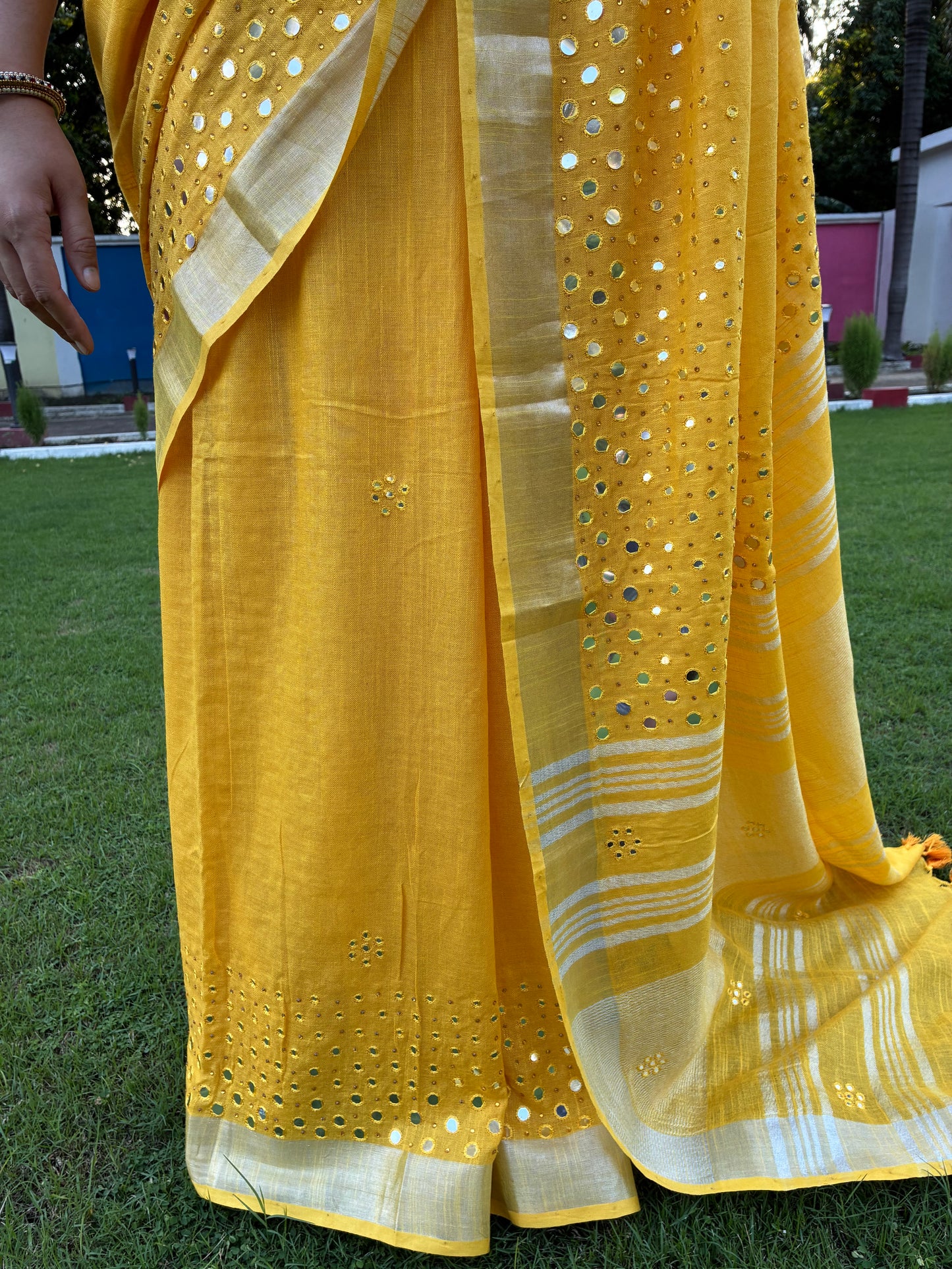 Yellow Work Pure Linen Saree