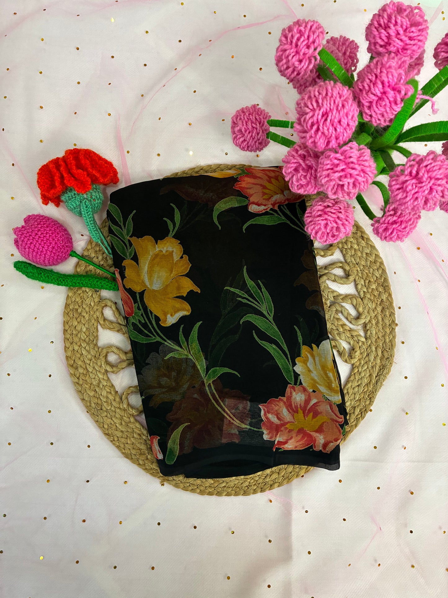Black Floral Semi Chiffon Saree