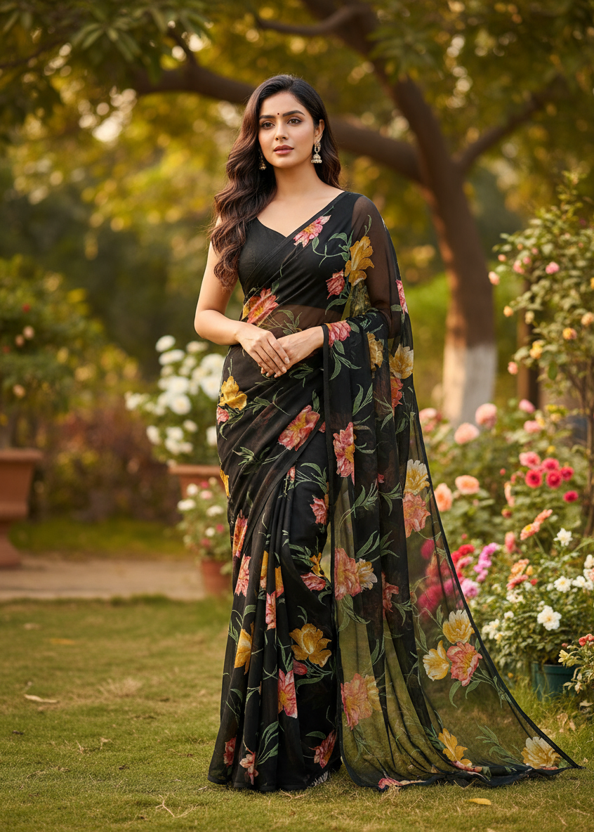 Black Floral Semi Chiffon Saree