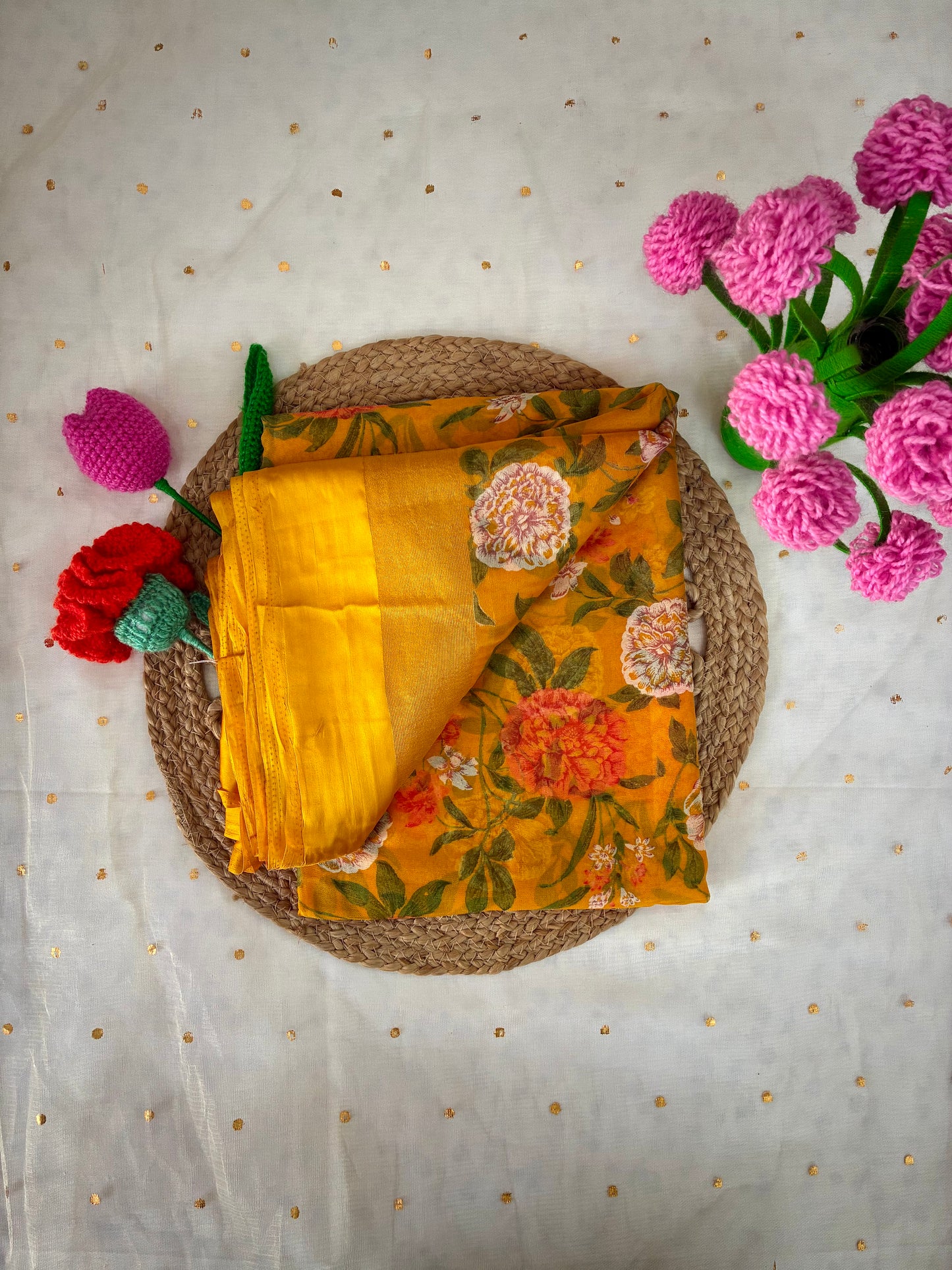 Yellow Floral Semi Chiffon Saree