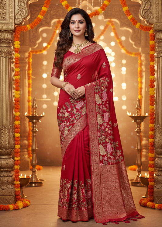 Red Floral Design Chinon Saree