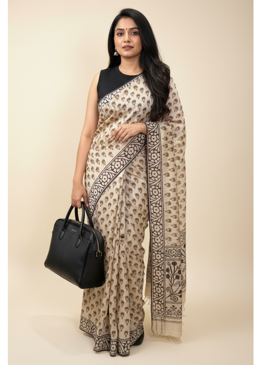Beige Butta Hand Printed Chanderi Saree