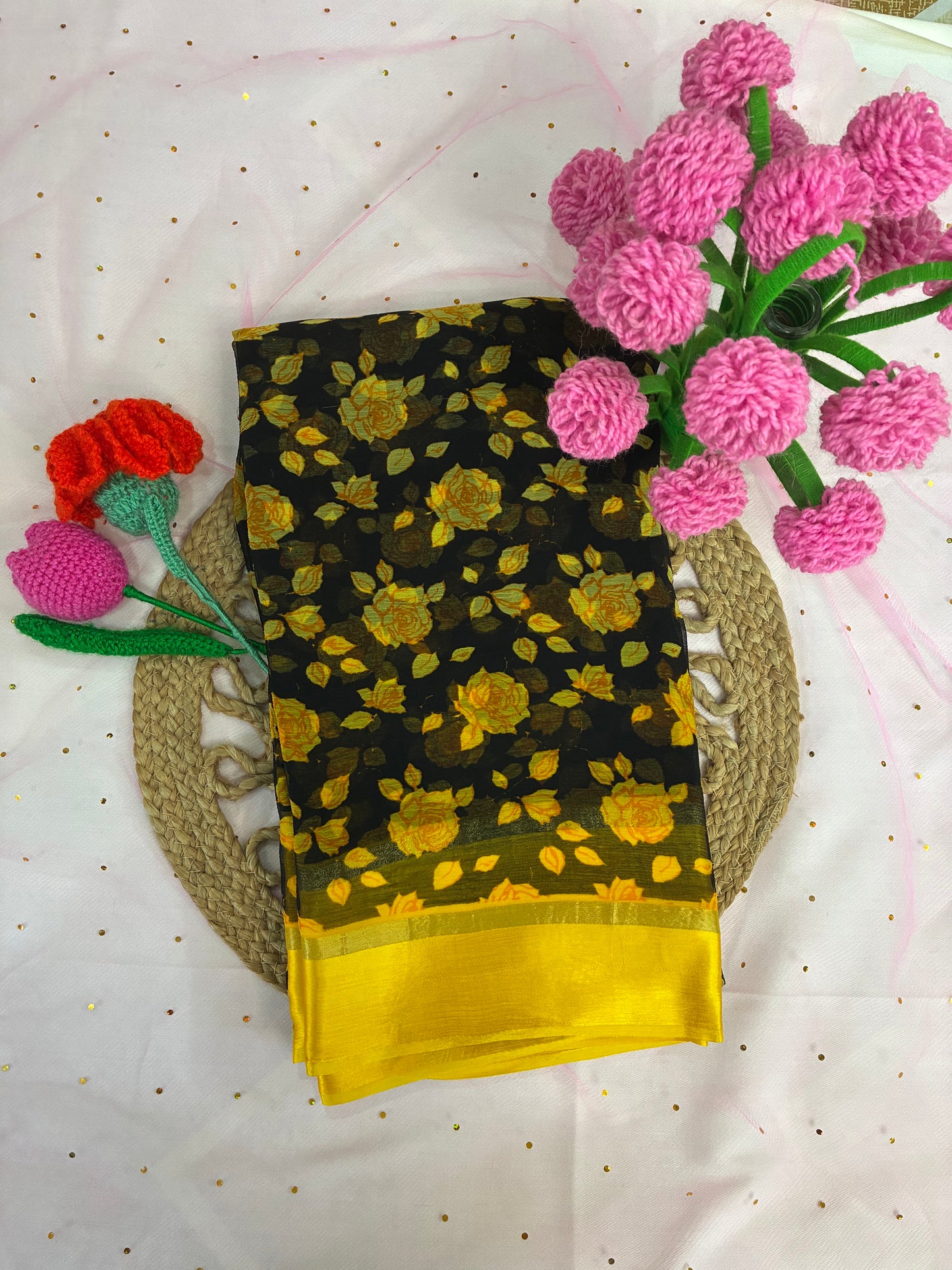 Black Yellow Floral Semi Chiffon Saree