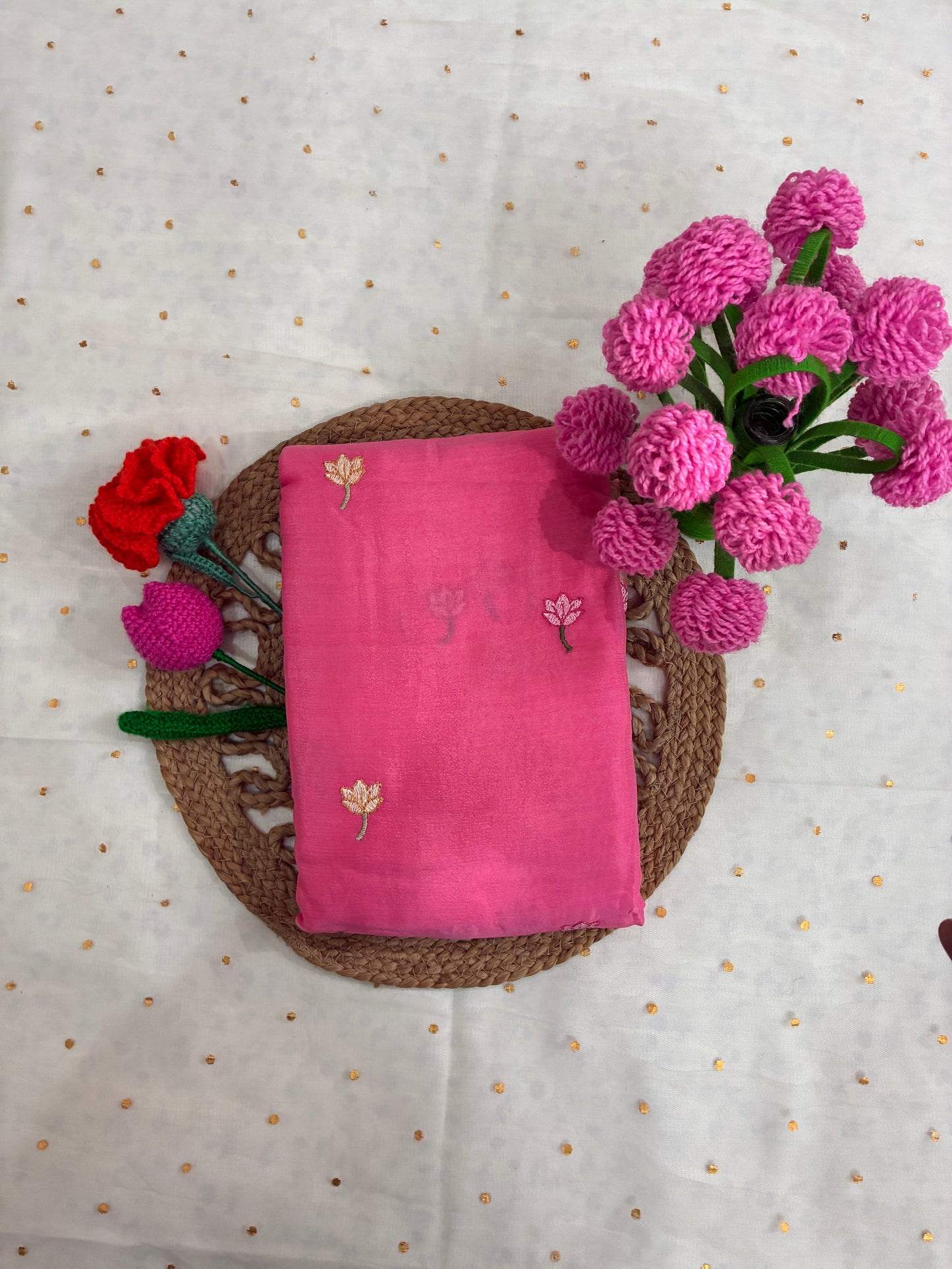 Pink Floral Design Chinon Saree