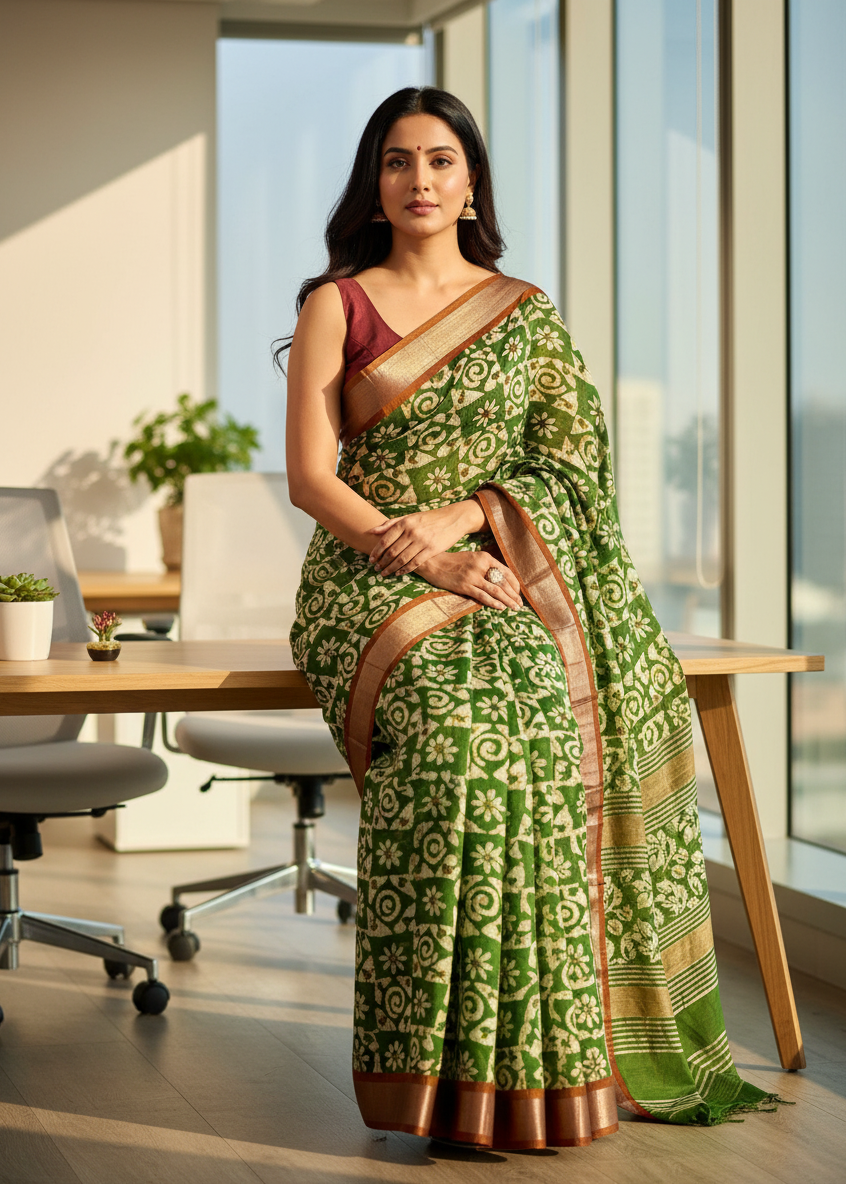 Woman in a green saree with a pattern standing in an office setting