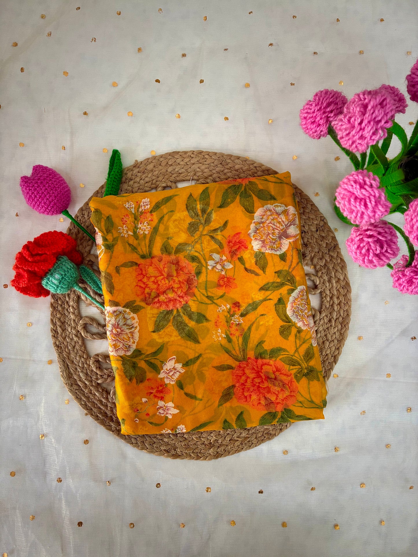 Yellow Floral Semi Chiffon Saree