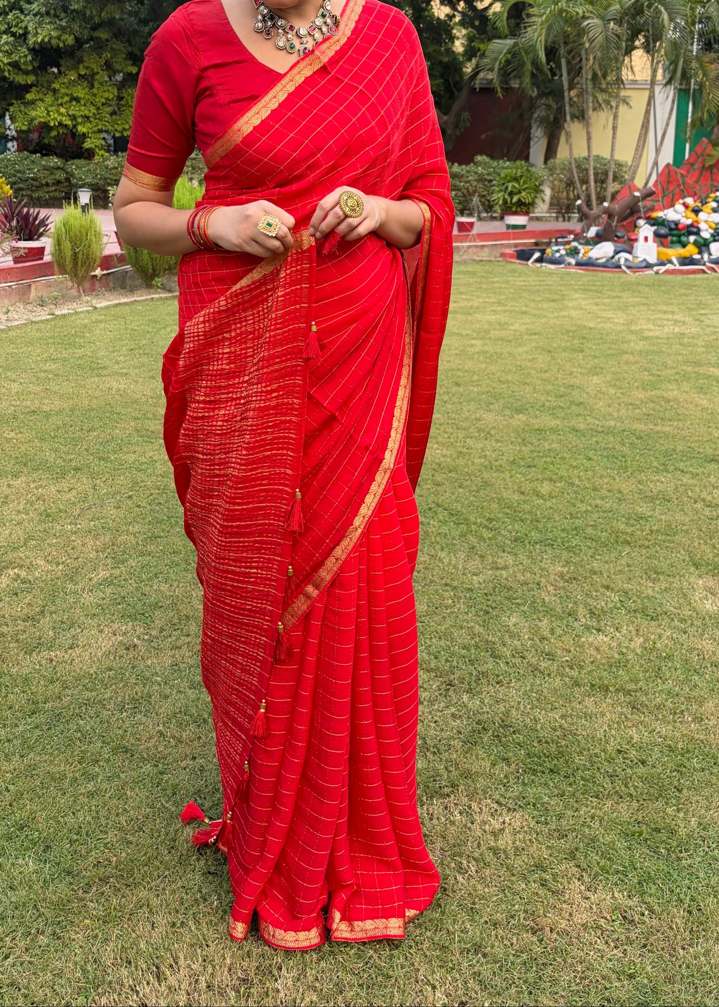 Red Checkered Chiffon Saree