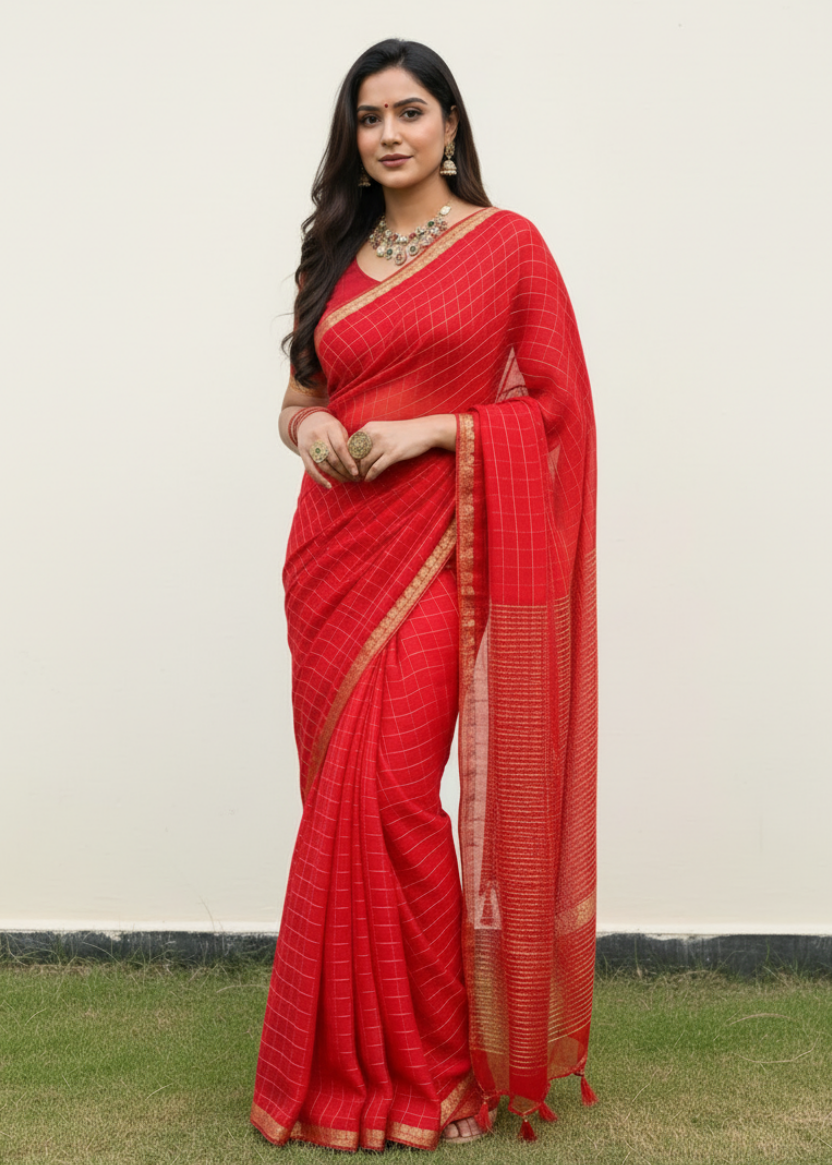 Red Checkered Chiffon Saree