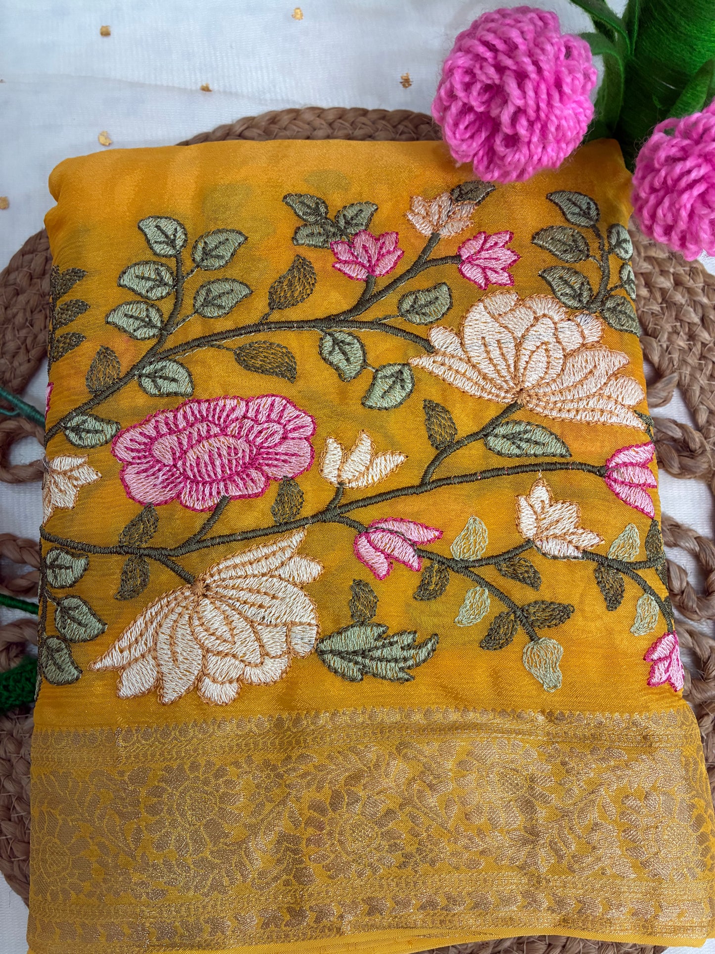 Yellow Floral Design Chinon Saree