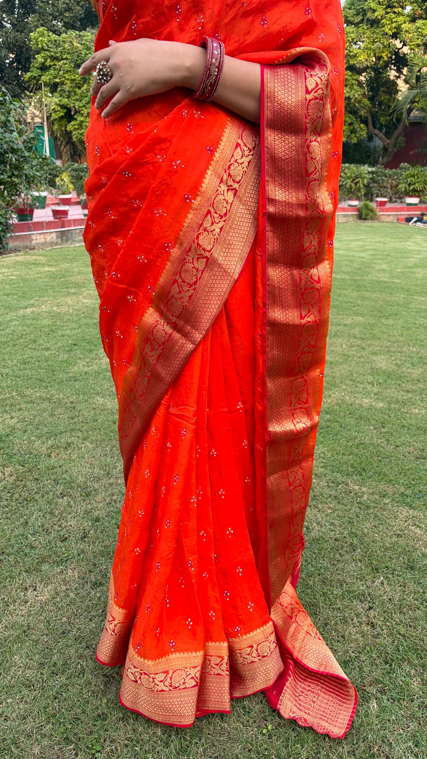 Orange Red Festive Dola Silk Saree