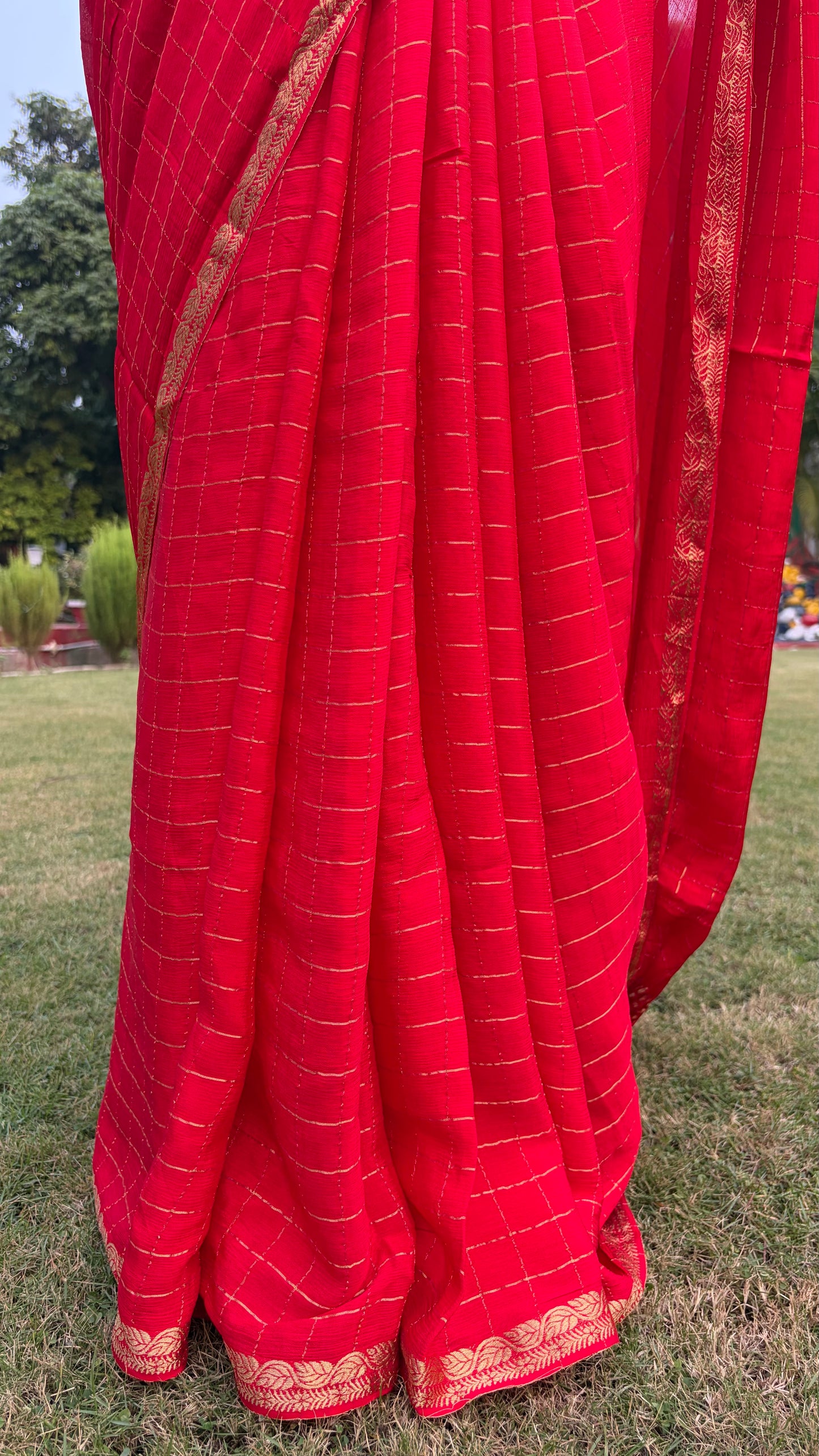 Red Checkered Chiffon Saree
