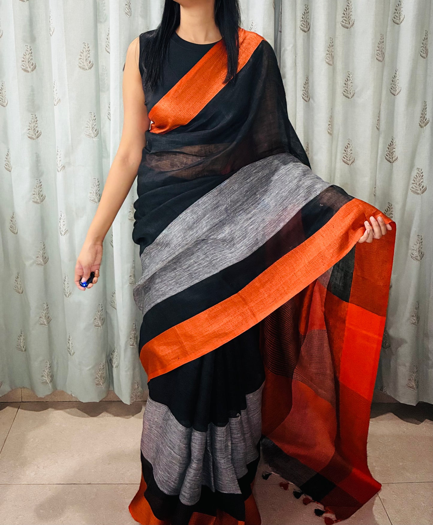 Black Orange Colorblock Pure Linen Saree