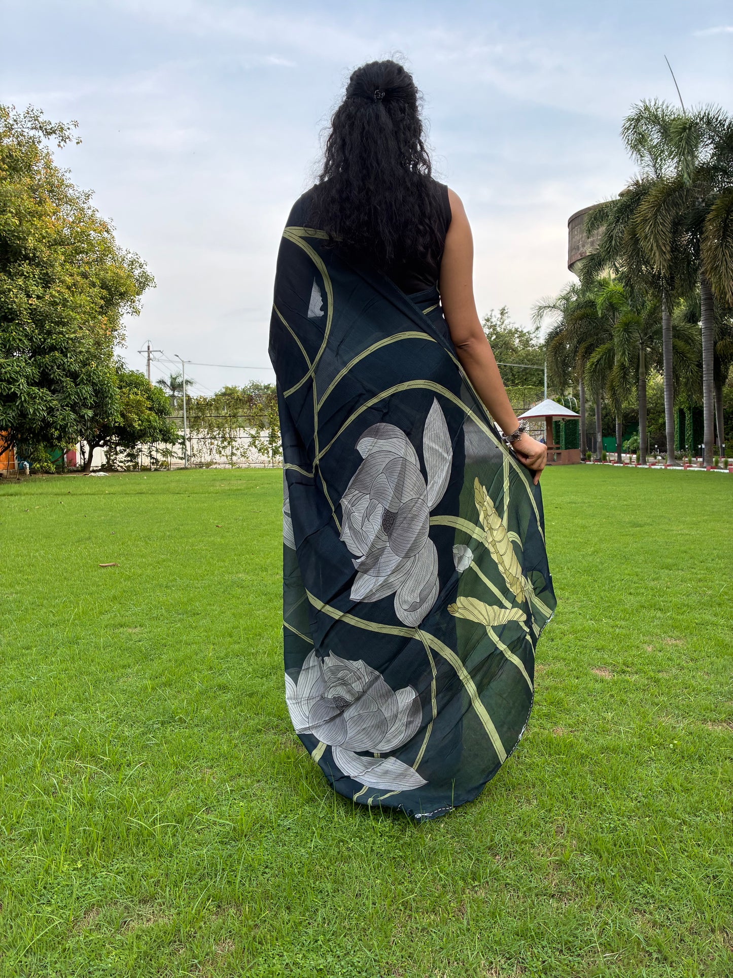 Black Digital Print Chinon Saree