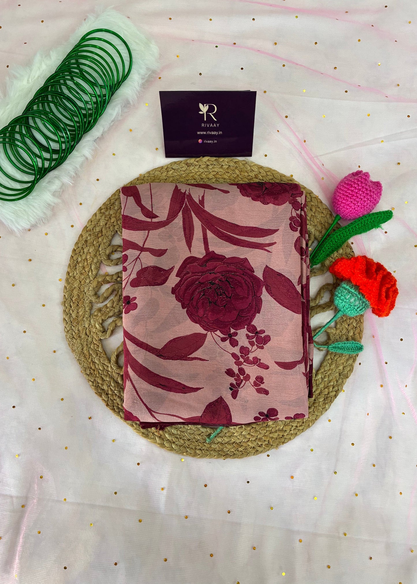 Maroon Brown Floral Pure Chiffon Saree