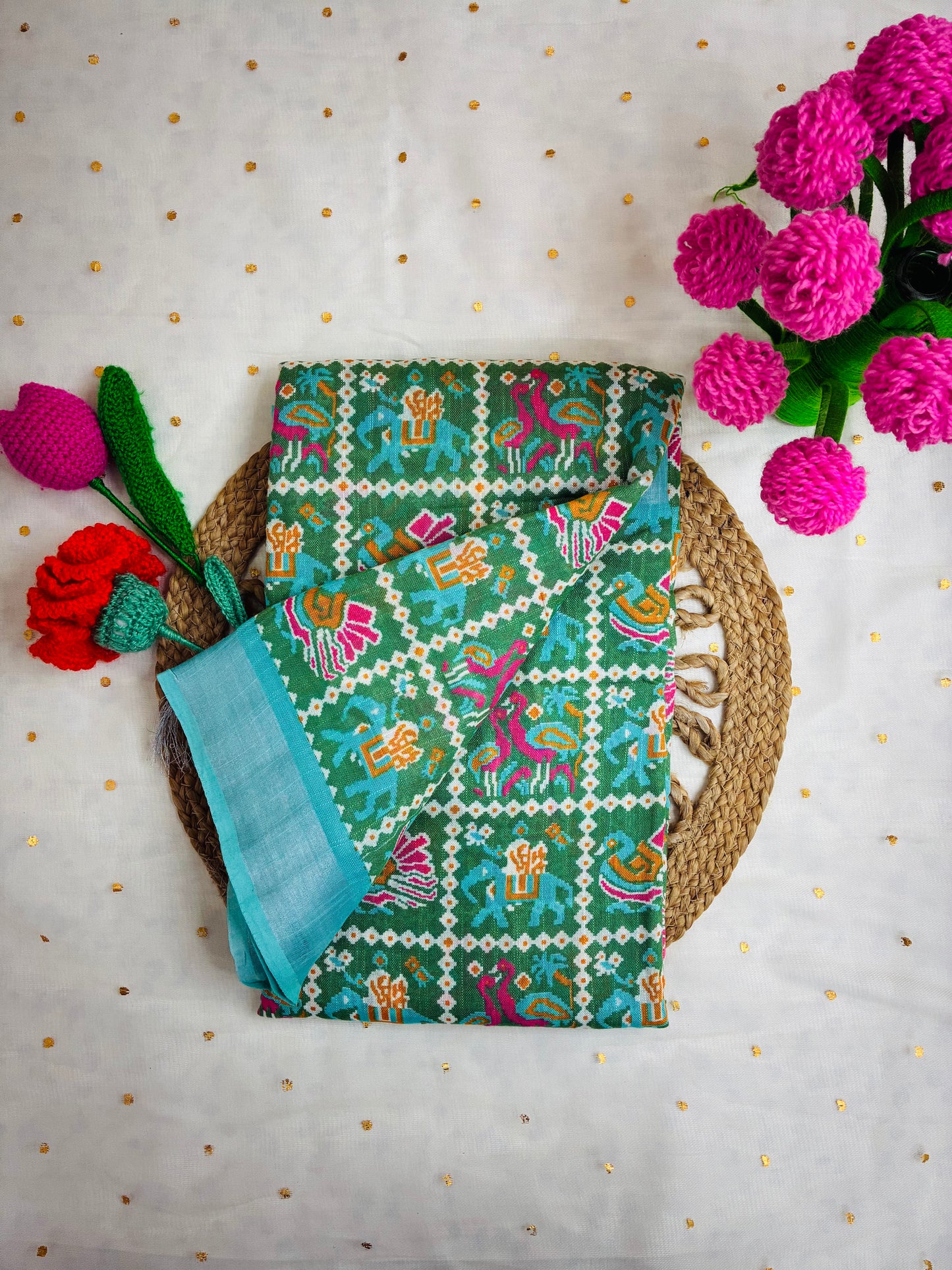 Green Pochampally Design Linen Cotton Saree
