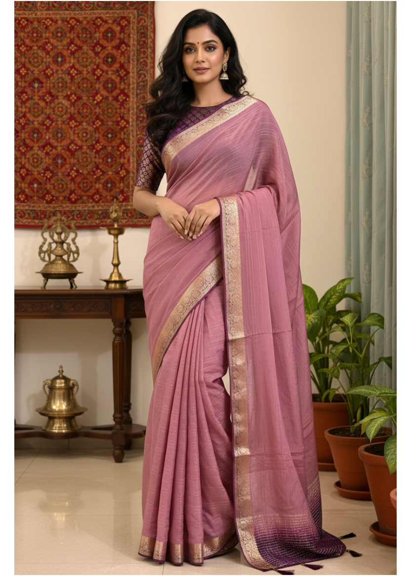 Person wearing a mauve saree with a black blouse against a light gray curtain background
