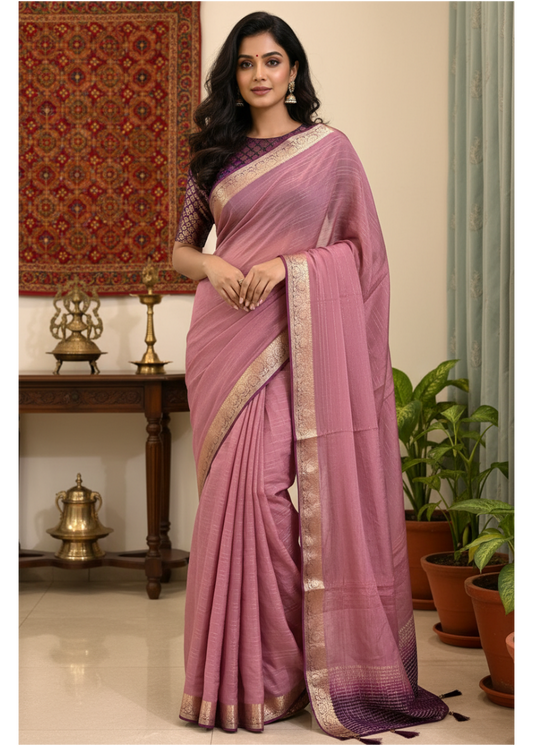 Person wearing a mauve saree with a black blouse against a light gray curtain background