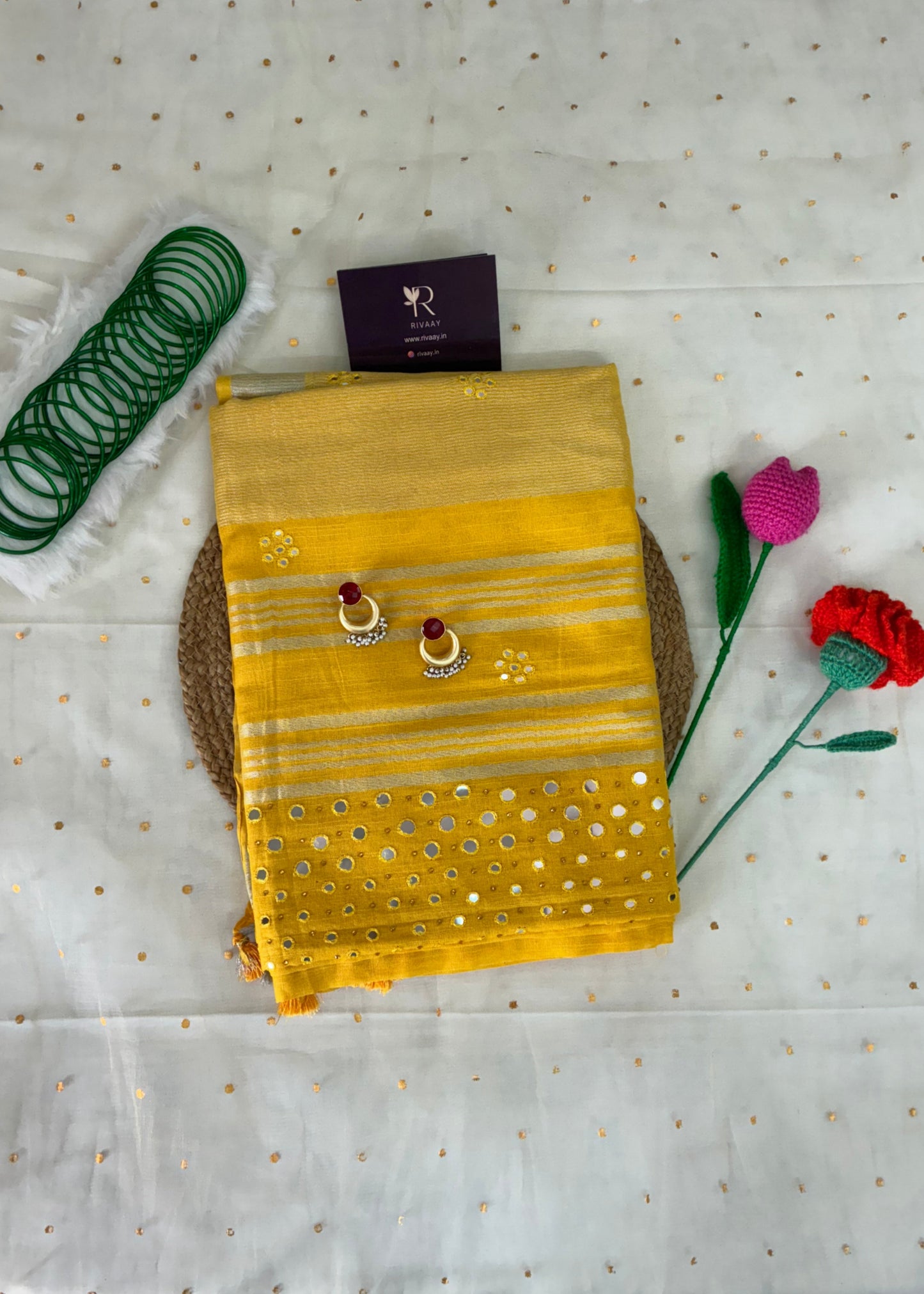 Yellow Work Pure Linen Saree